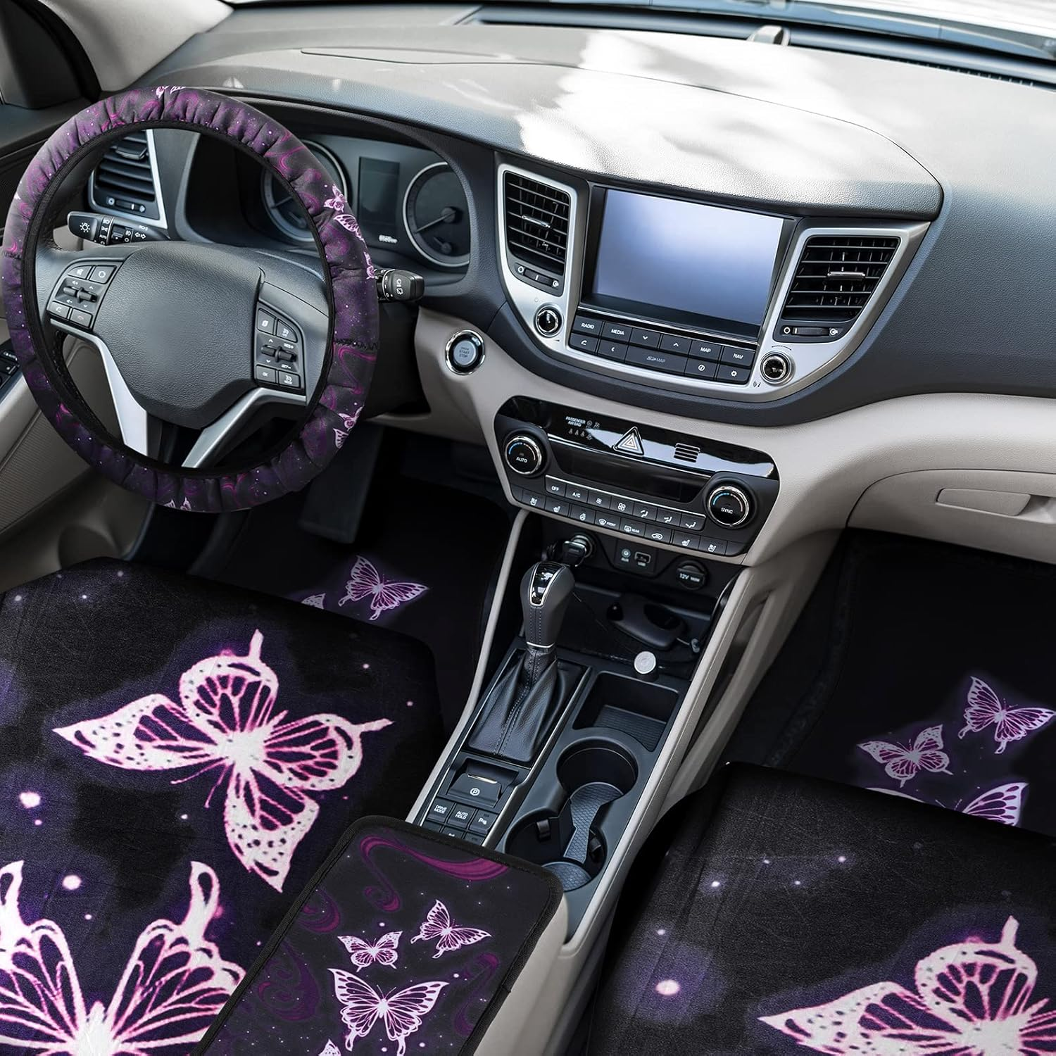 Frienda 24 PCS Butterfly Car Accessories Car Seat Covers Full Set Floor Mats Steering Wheel Cover Seat Belt Pads Center Console Pad Cup Holders for Women(Purple Butterfly Pattern)