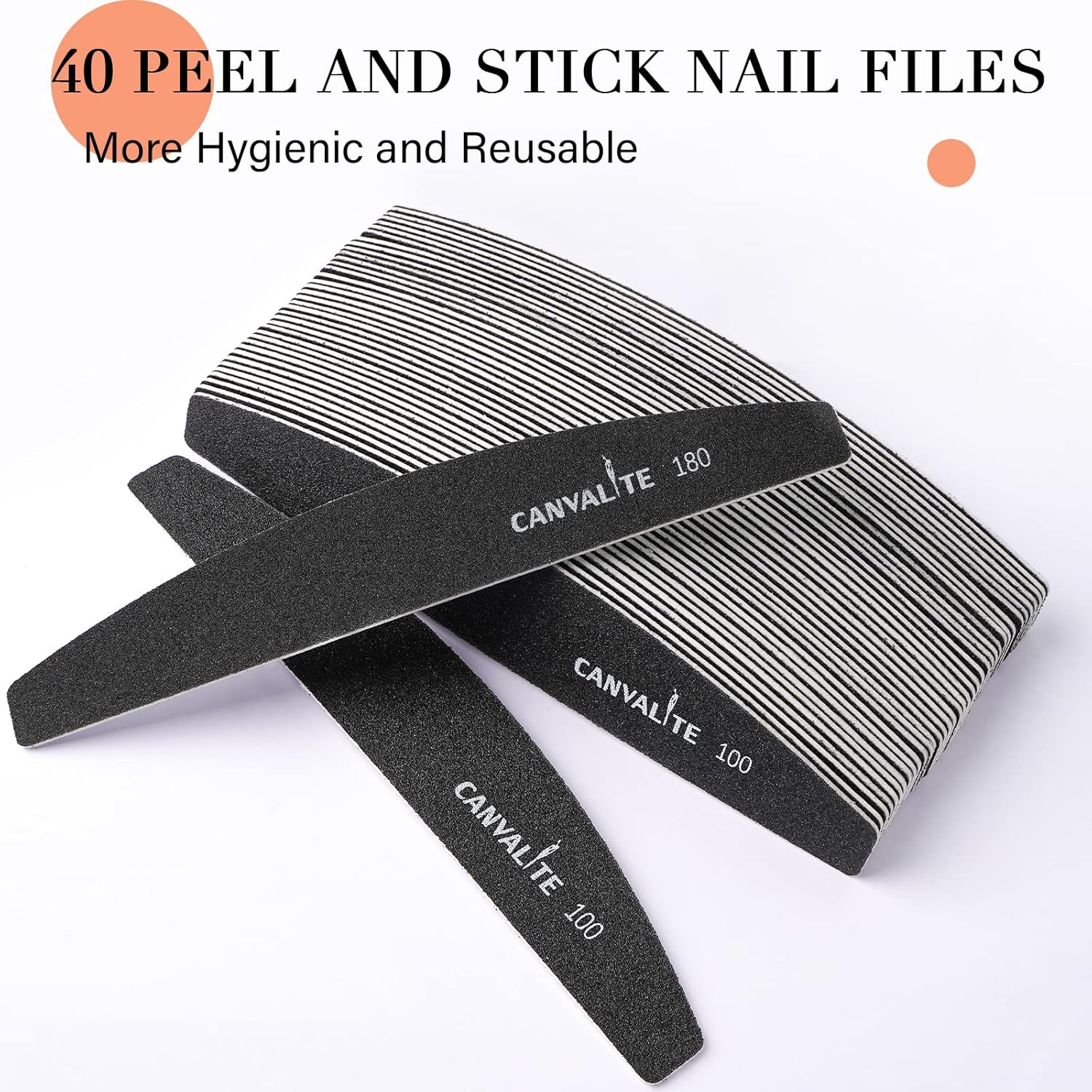 Canvalite 40 PCS Nail File 100/180 Grit Peel and Stick Nail Files Replaceable Emery Boards Reusable Nail File for Acrylic Nails Professional for DIY Salon Use image number 1