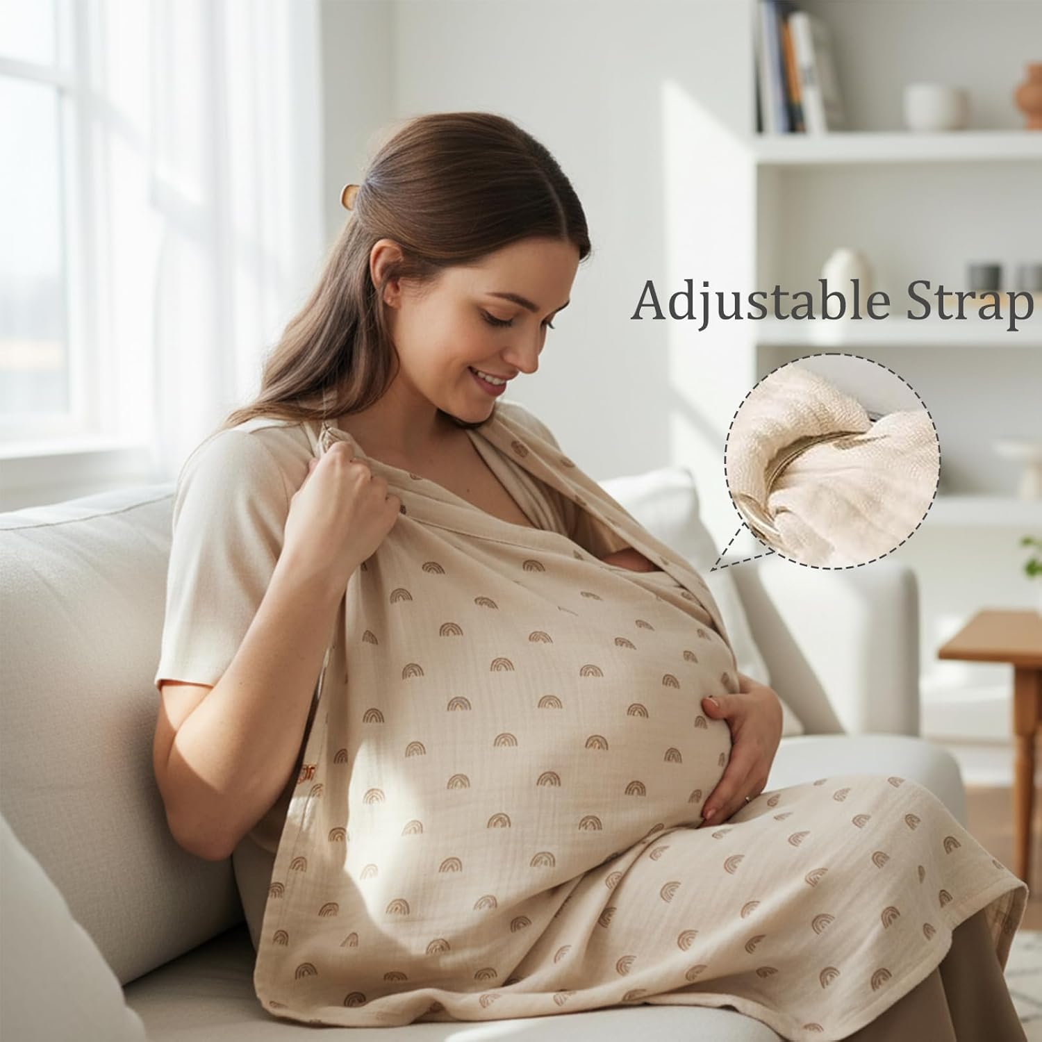 Breastfeeding Cover, Nursing Cover for Privacy, Multi-Use Stroller Cover and Car Seat Canopy, Khaki Rainbow with Beige Bag