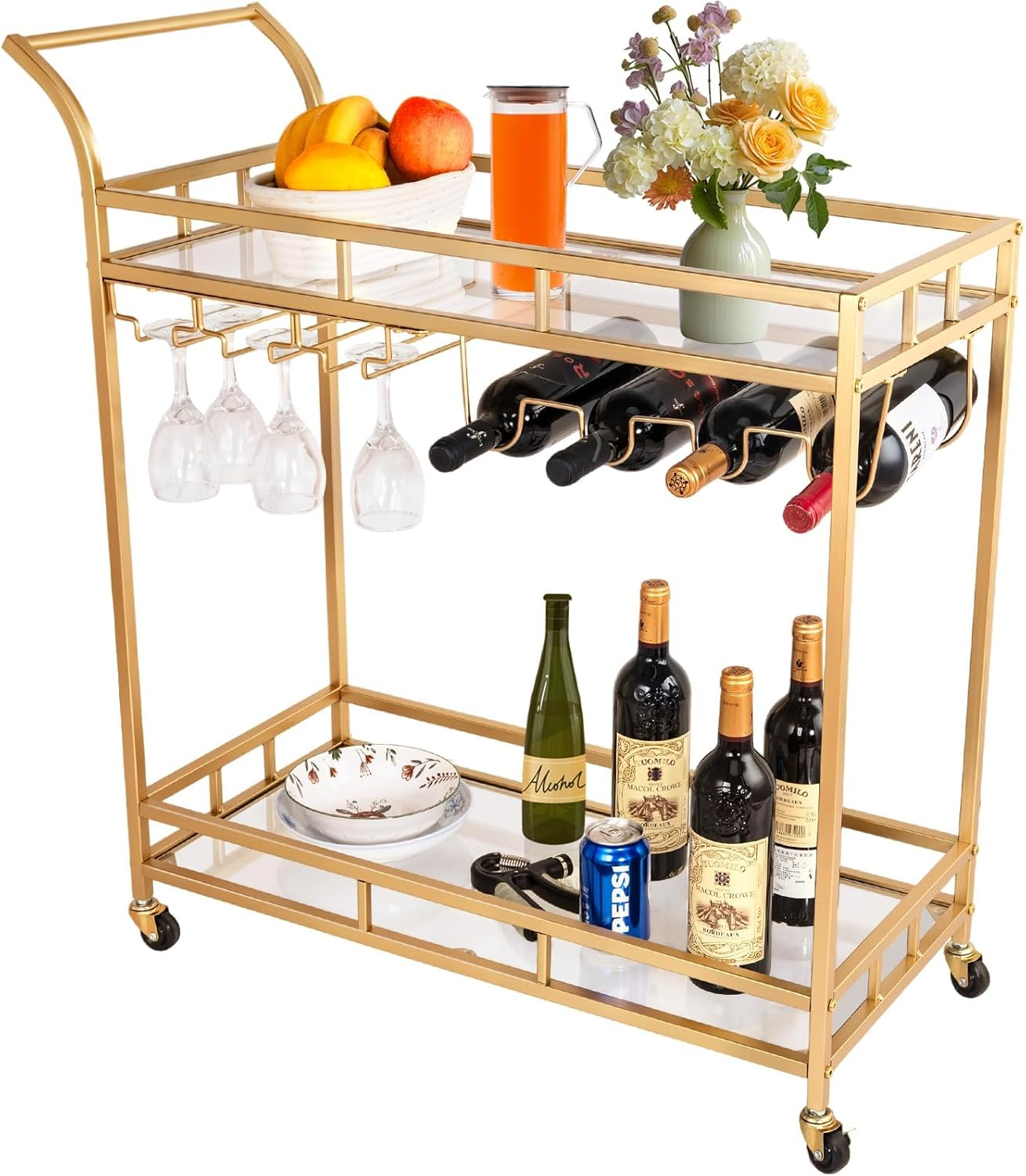 Bar Cart, Serving Cart for Home, Microwave Stand, Drink Trolley, Mobile Kitchen Shelf with Wine Rack and Glass Holder, Rolling Beverage Station for Kitchen, Dining Room, and Parties image number 5