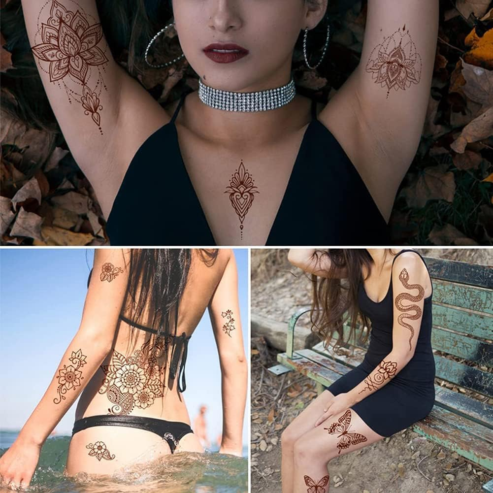 Ling-Luo 10 Sheets Henna Tattoos Temporary Henna Stickers, Brown Women Body Art Stickers, Fake Face Neck Arm ｜ Women Men Children Temporary Flower Star Tattoo Kits image number 2