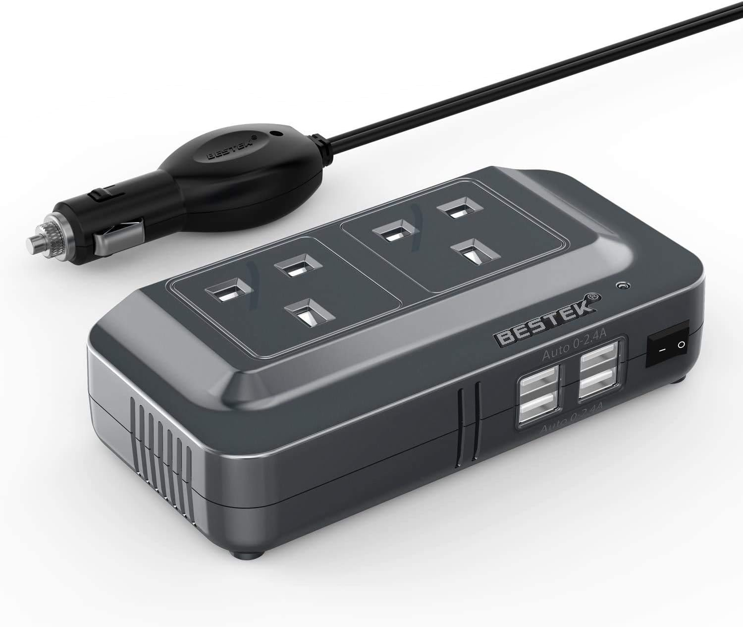 BESTEK 200W Power Inverter DC 12V to AC 230V 240V Car Voltage Converter Transformer with 3-Pin Sockets & 4-USB Ports