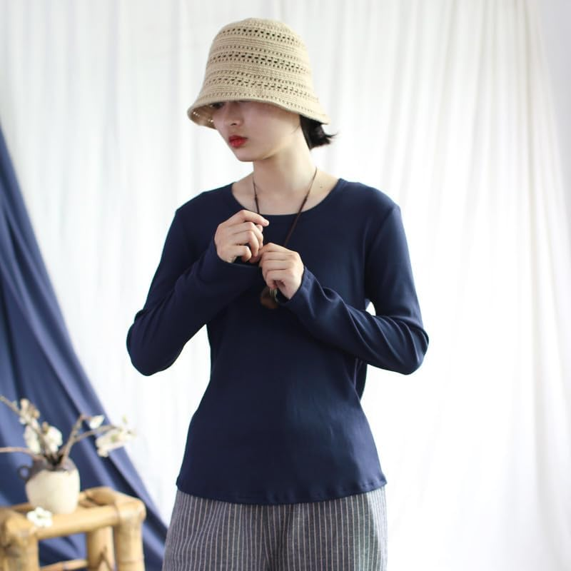 Vintage Womens Long Sleeve Solid Crew-Neck Basic Tee Navy image number 2