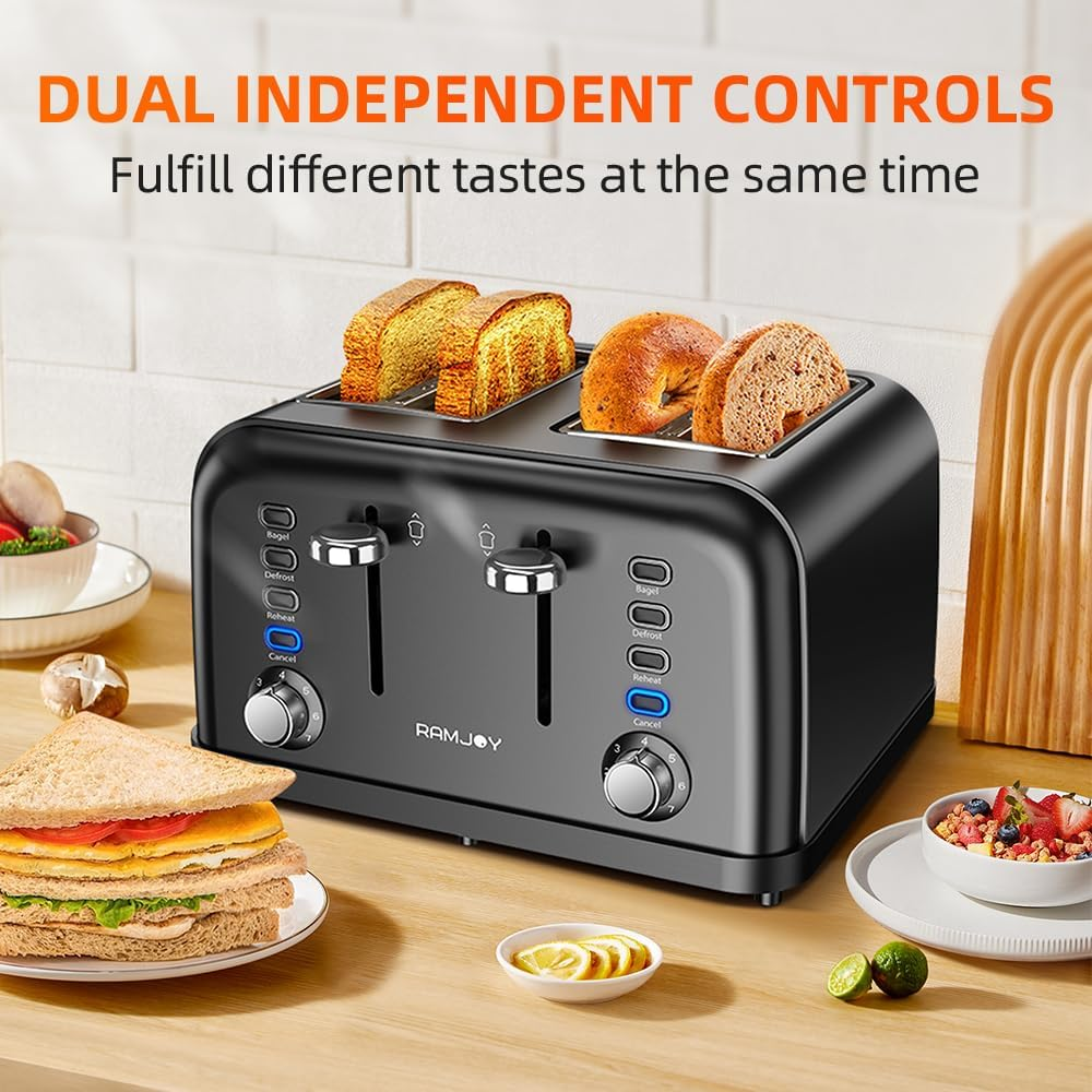 Toaster 4 Slice, Dual Independent Controls, Extra Wide Slot Toasters for Bagel, Bread, Waffles, 7 Shade Settings, 4 Main Functions, Removable Crumb Tray, 1500 Watts, Black image number 1