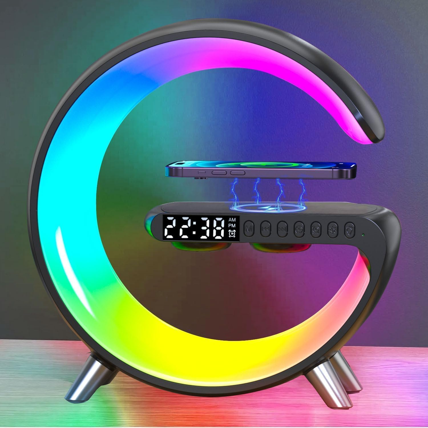 Intelligent LED Table Lamp with Charging Function, Atmosphere Light, Touch Dimmable, Wireless Charger, Bluetooth Speaker, Clock, Radio