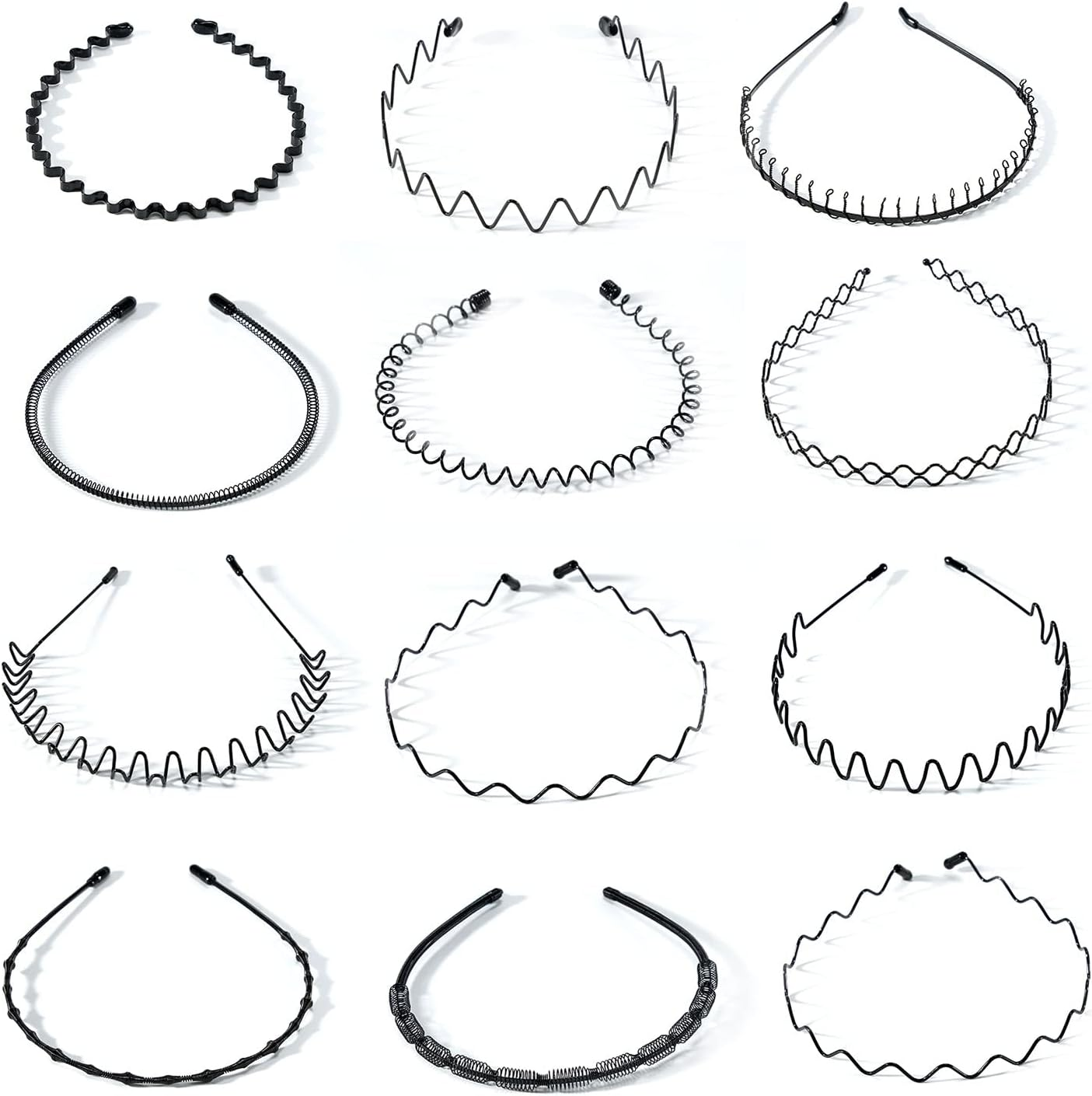 Pack of 12 Metal Headbands, Wave Hair Bands for Men and Women with Non-Slip Teeth, Black Non-Slip Elastic Fashion Headband Hair Styling Accessories for Sports, Fitness, Daily Makeup (Black)