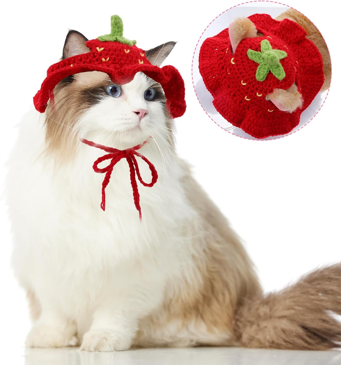 Piriuuo Strawberry Cat Hat, Cute Knitted Hat for Cat Cotton Hats for Cats Soft Small Dog Hat for Birthday Party Christmas Puppy Hat for Small Pets (Red, M) image number 5