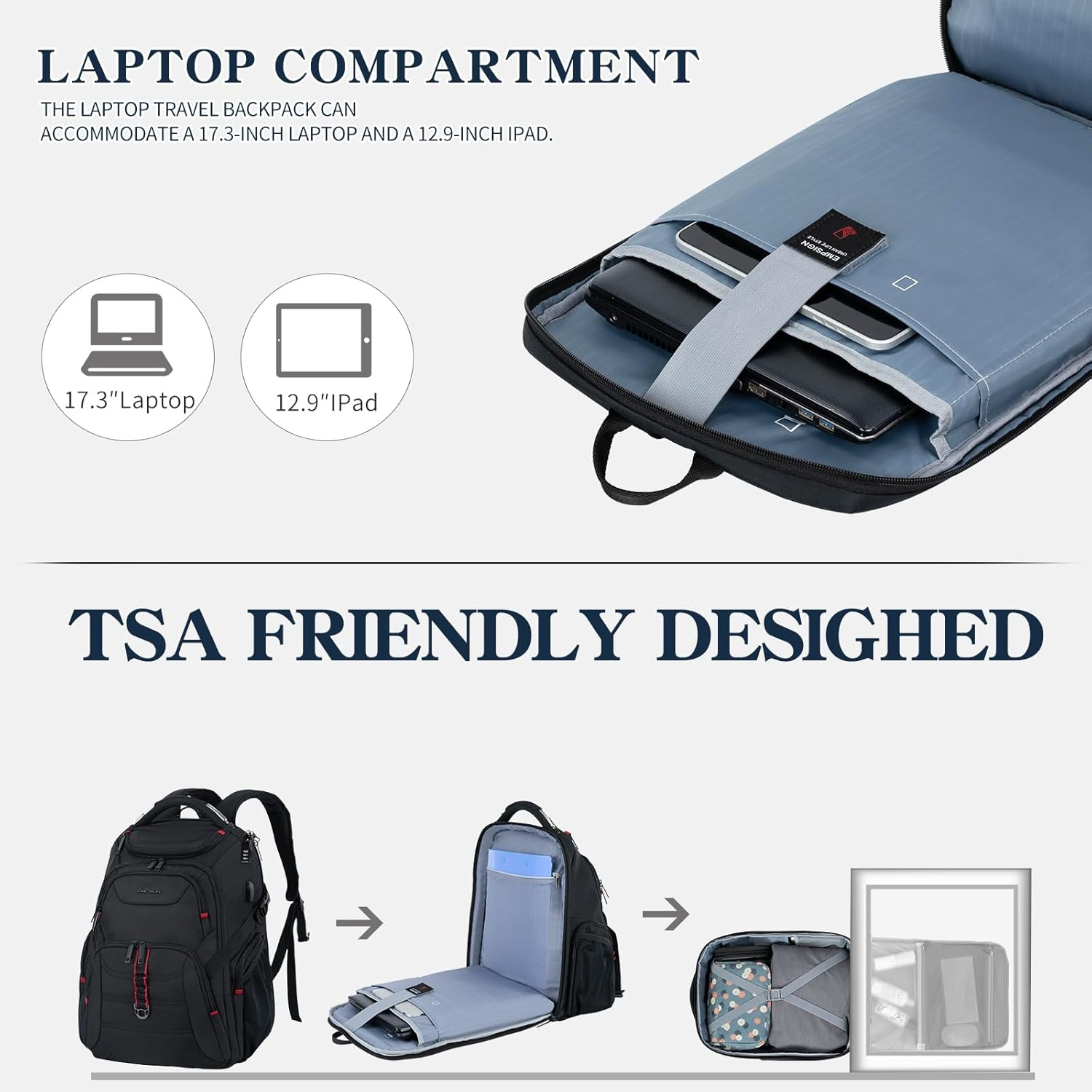 EMPSIGN Travel Laptop Backpack for Men, 17.3 Inch Computer Backpack, 45L Anti-Theft Business Laptop Backpack with USB Charging Port, Water-Repellent Work College School Backpack for Men Women, Black, image number 4