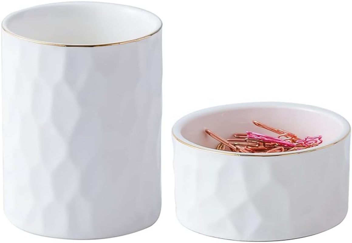 YOSCO Desk Organizer Set of 2 for Office, Ceramic Pen Holder and Paper Clip Holder, Cute Pencil Cup Pot for Desk, Paper Clip Dispenser for Desktop, Makeup Brush Holder, Ideal Gifts (Black Set) - Black Set image number 4