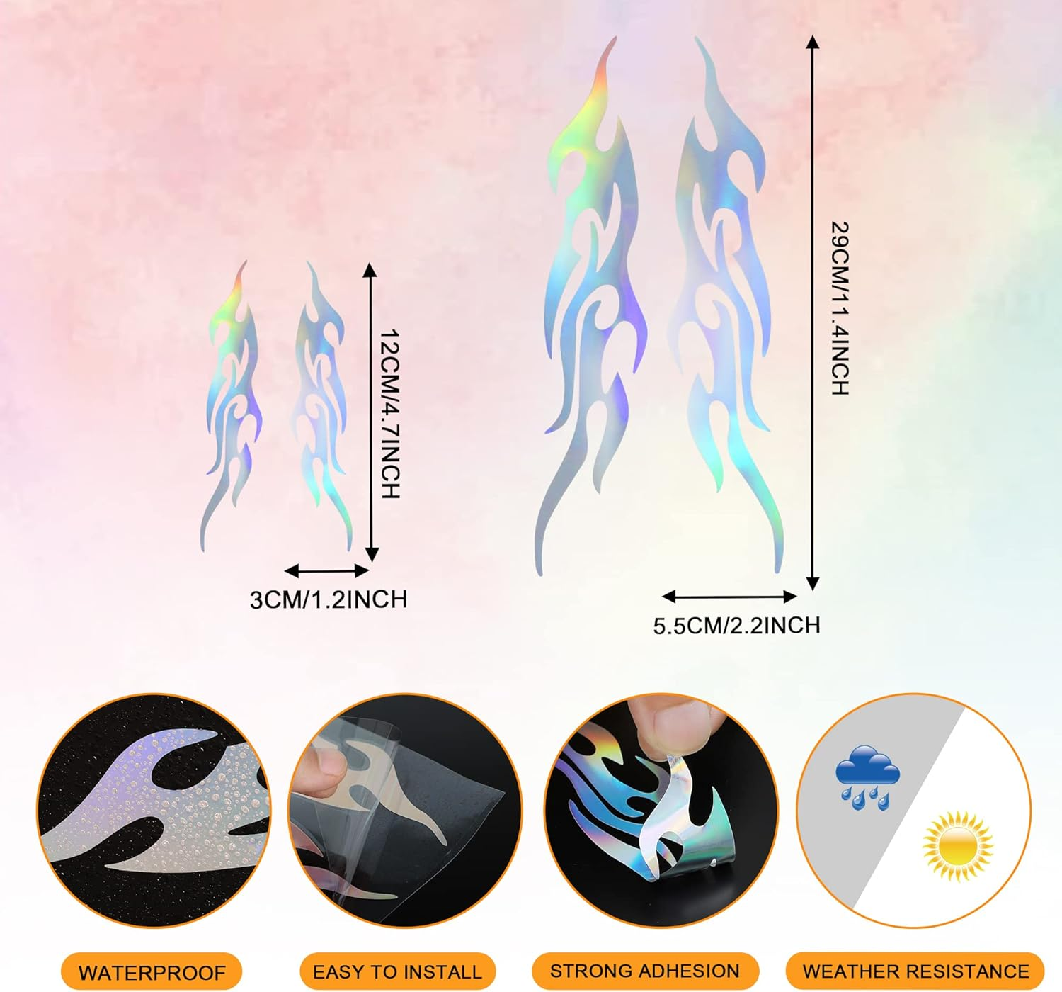 TOMALL 4 Pcs 12Cm+29Cm Flame Reflective Sticker for Car Flame Racing Sports Stripe Decal for Golf Cart Vinyl Waterproof Decal DIY for Car Body Side Truck SUV Off-Road Vehicles Skateboard (Gradient) - Black image number 6