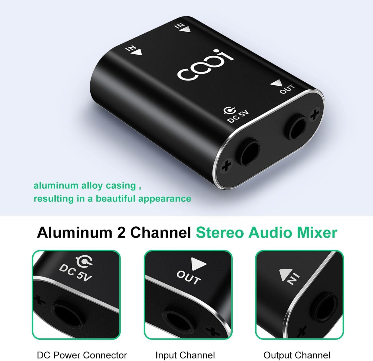 2 Channel Stereo Audio Mixer - Metal Shell, AUX Interface Support 2 in 1 Out Mini Stereo Sound Mixer Includes 1-Meter Audio Cables - for PC, Phone, Laptop, Headphones image number 2