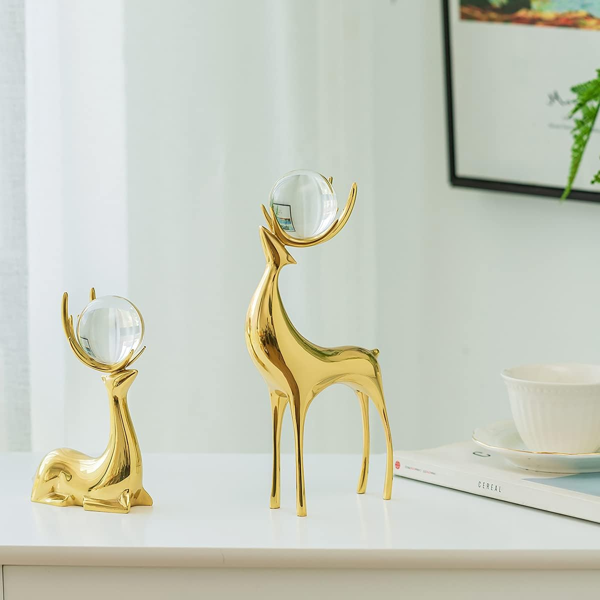 Sziqiqi Brass Reindeer Sculptures Animal Figurine Statues Christmas Deer Pure Copper Heavy Reindeer Ornaments for Home Decor Accents Living Room Office Bookself Tabletop Mantle Decoration - Gold image number 2