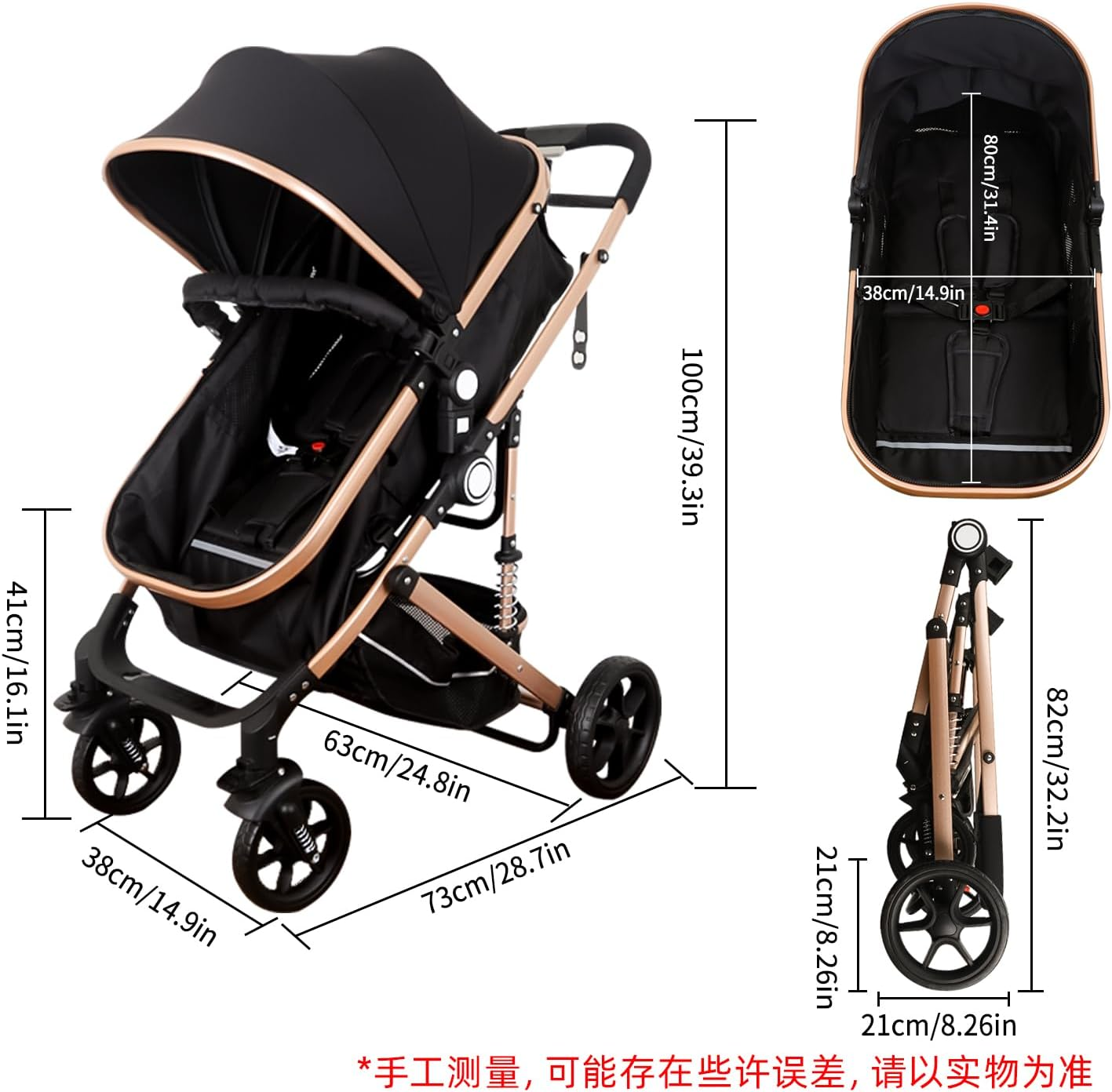 3-In-1 Baby Pram & Stroller with Bassinet | High Landscape Luxury Travel Pram for Newborn to Toddler | 50Kg Capacity & Spring Shock Absorption | One-Hand Fold, 5-Point Harness | Includes Mosquito Net & Cup Holder (Black)