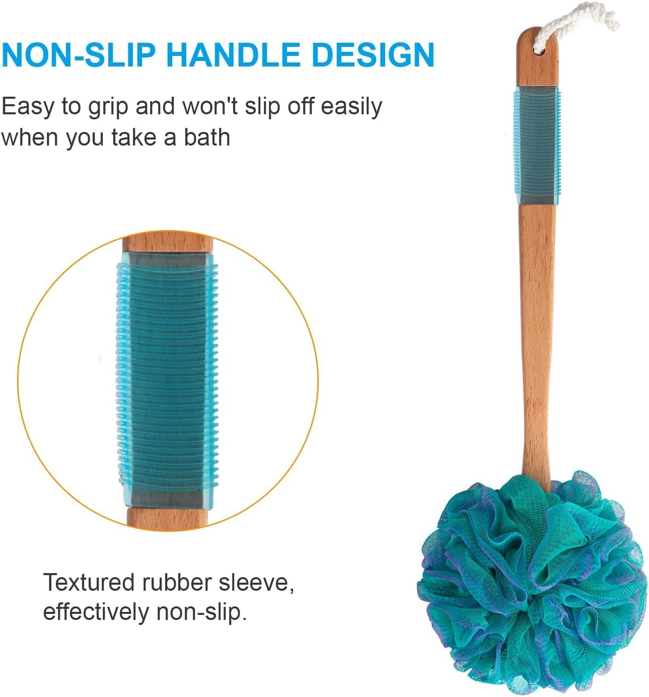 Shower Sponge Loofah Back Scrubber, PE Soft Mesh Loofah Body Scrubber with Long Wooden Handle, Bath Sponge for Men Women (Green) image number 4