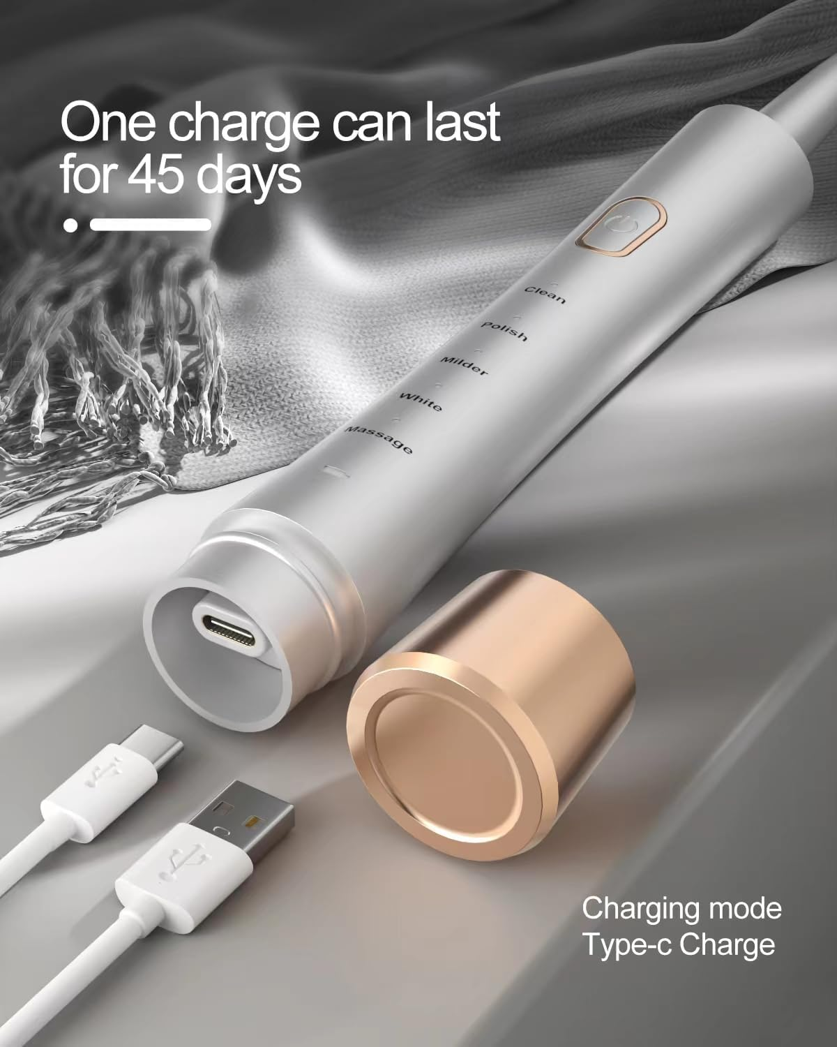 Oolong USB Rechargeable Sonic Electric Toothbrush for Adults, Powered Motor High Vibration Teeth & Gum Care, Soft Dupont Brush Heads, 2 Minutes Timer 5 Modes, White image number 1