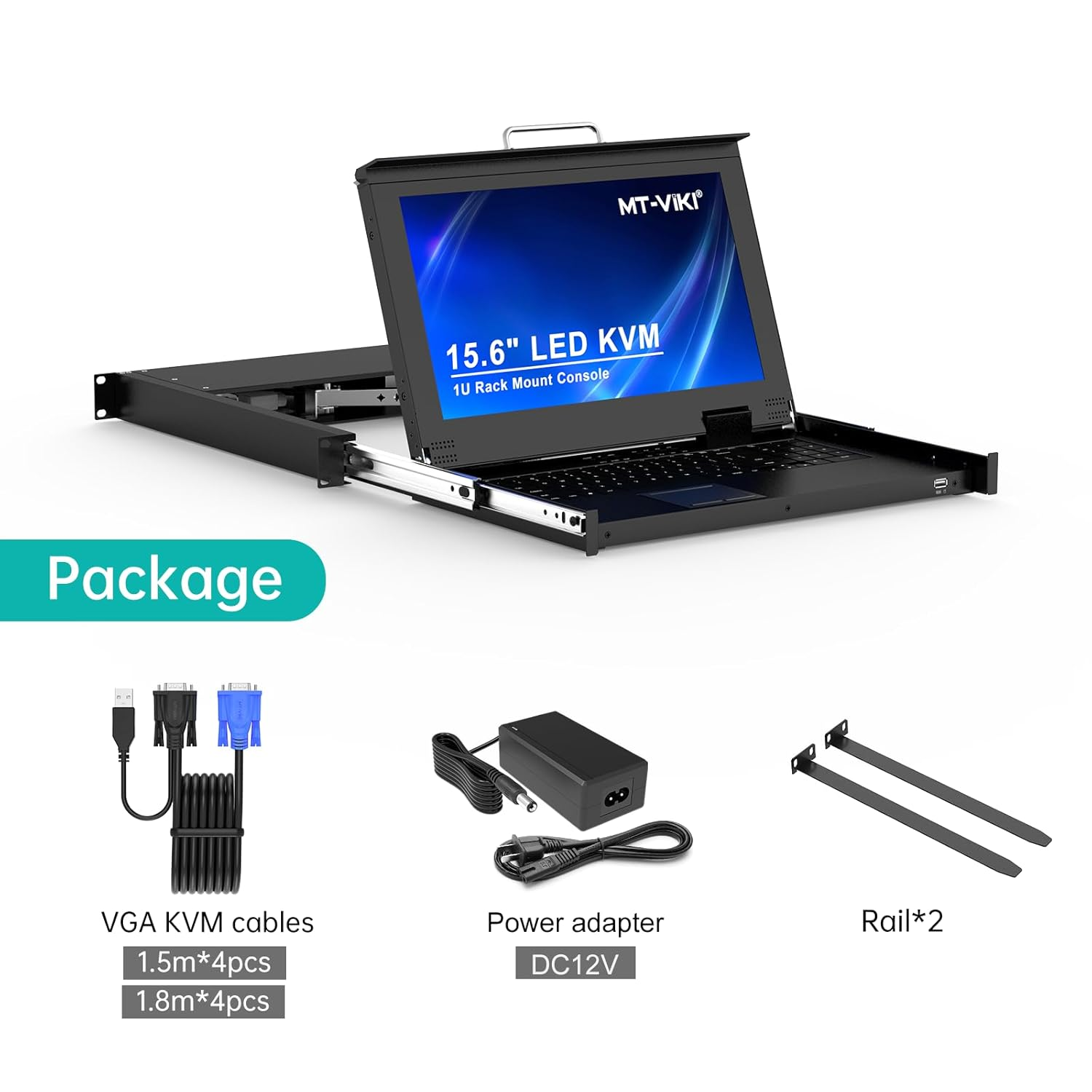 Mt-Viki 1U Rack Mount KVM Console, 8 Port KVM VGA Switch W/15.6'' LCD Monitor, 1080P, Mount into 23.6-31.5 Inch Deep Server Cabinet, Integrated Touchpad+Keyboard+8 KVM Cables image number 2