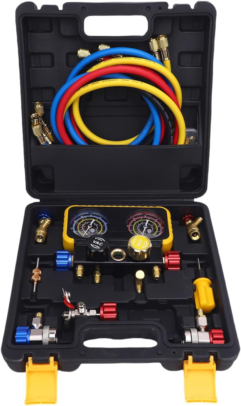 4 Way Heavy Duty Brass Manifold Gauges Set, HVAC Gauges with Hoses 4 Way Heavy Duty Brass Manifold Set Replacement for R410A R32 R134A R22 Refrigerants