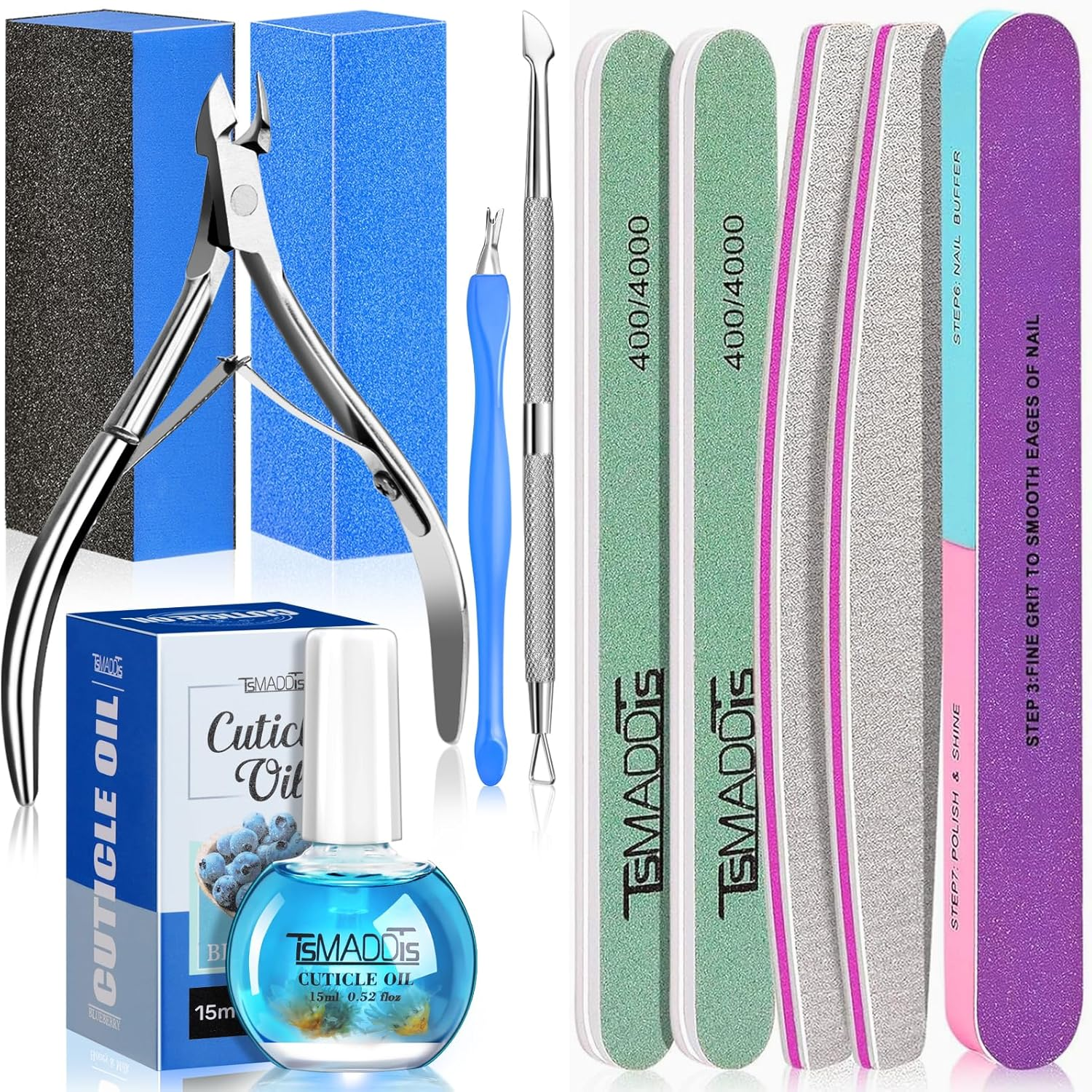 Tsmaddts Nail Buffers and Files, Manicure Tools Kit Nail File Kit with 3PCS Nail Files, 2PCS Nail Buffer Blocks, 2PCS Polishing Nail Buffers,Cuticle Nippers, Cuticle Pusher and Cuticle Oil image number 2