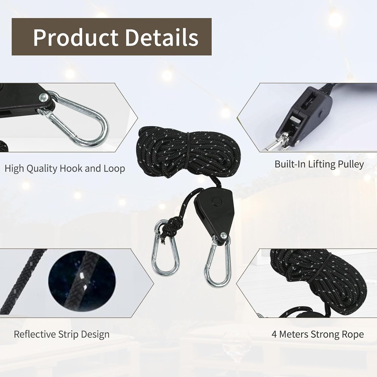 4 Pcs 4M Tent Guy Ropes with Pulley, 4Mm Reflective Adjustable Guide Ropes, Heavy Duty Rope Tensioner Ratchet with Aluminum Adjuster for Outdoor, Camping, Hiking, Awning, Tents, Plant Growing image number 3