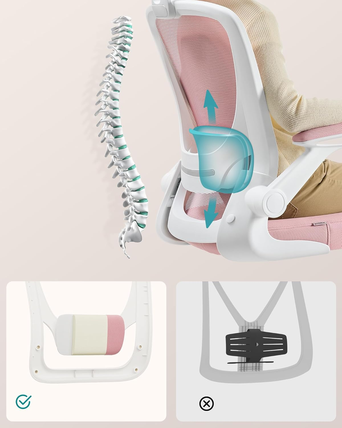 SONGMICS Ergonomic Fabric Office Chair, Padded Lumbar Support, Tilting Mechanism, Wide Seat 53Cm, Folding Armrests, Candy Pink, OBN037R01 image number 1