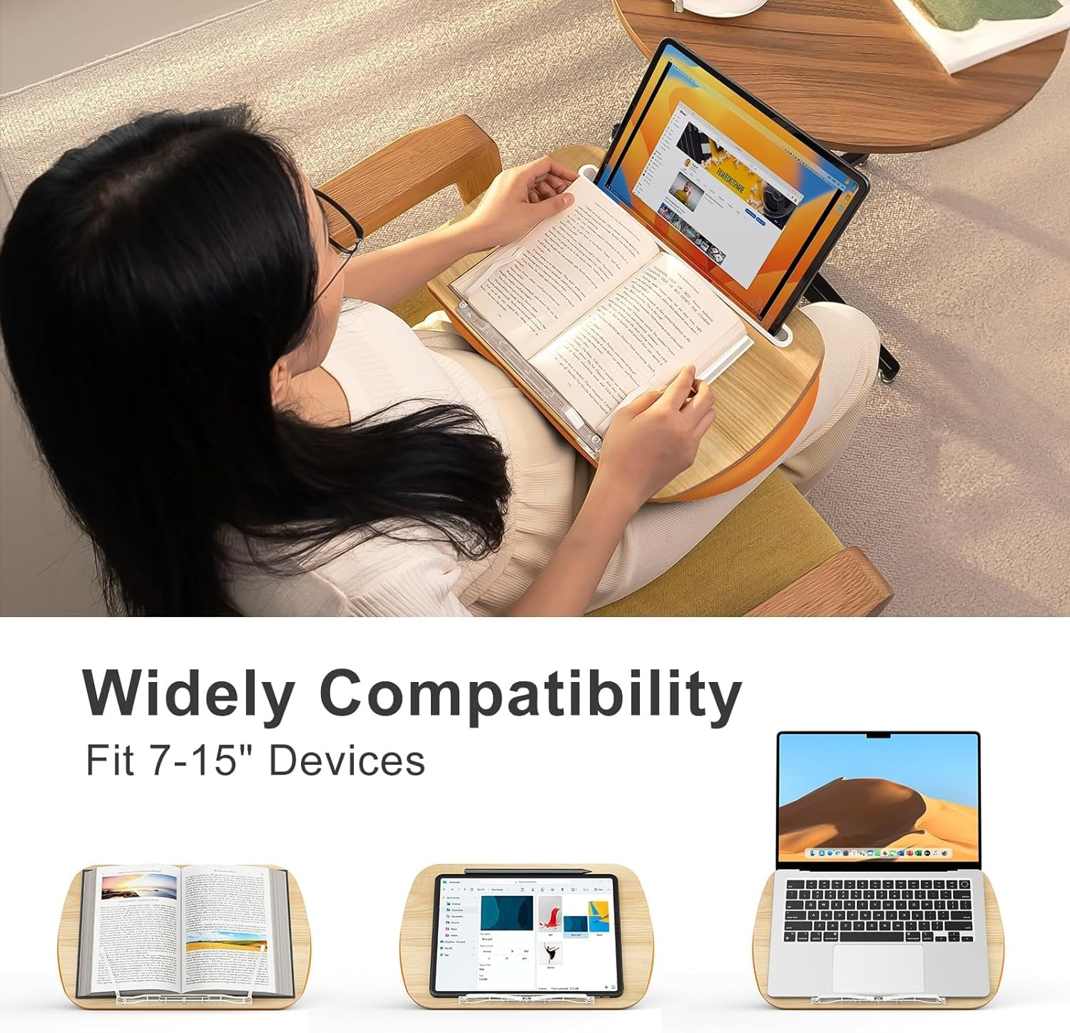 Lap Beanbag Book Stand for Reading, Comfortable Pillow Book Holder for Sofa, Bed, Desk, Hands-Free, Minimize Neck Strain, Gift for Book Lovers, Compatible with Laptop and Tablet (Orange) image number 5