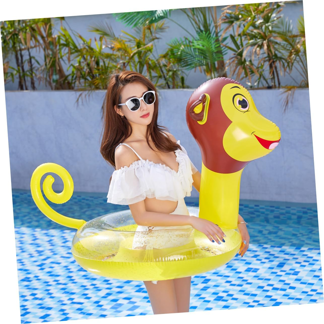 WOONEKY Inflatable Cartoon Monkey Pattern Swim Ring for Adults, Thickened PVC Water Playing Ring with Sequins, Summer Pool Floating Toy for Water Entertainment image number 6