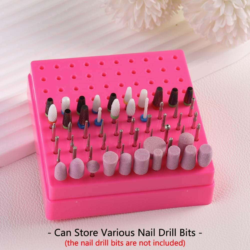 Fspronail Nail Drill Bits Holder,100 Holes Nails Drill Grinding Head Organizer Empty Box,Nail Drill Kit and Nail Drills Cleaning Brush Dust-Proof Storage Display Manicure Tool Container Case(Rose Red) - Black image number 6