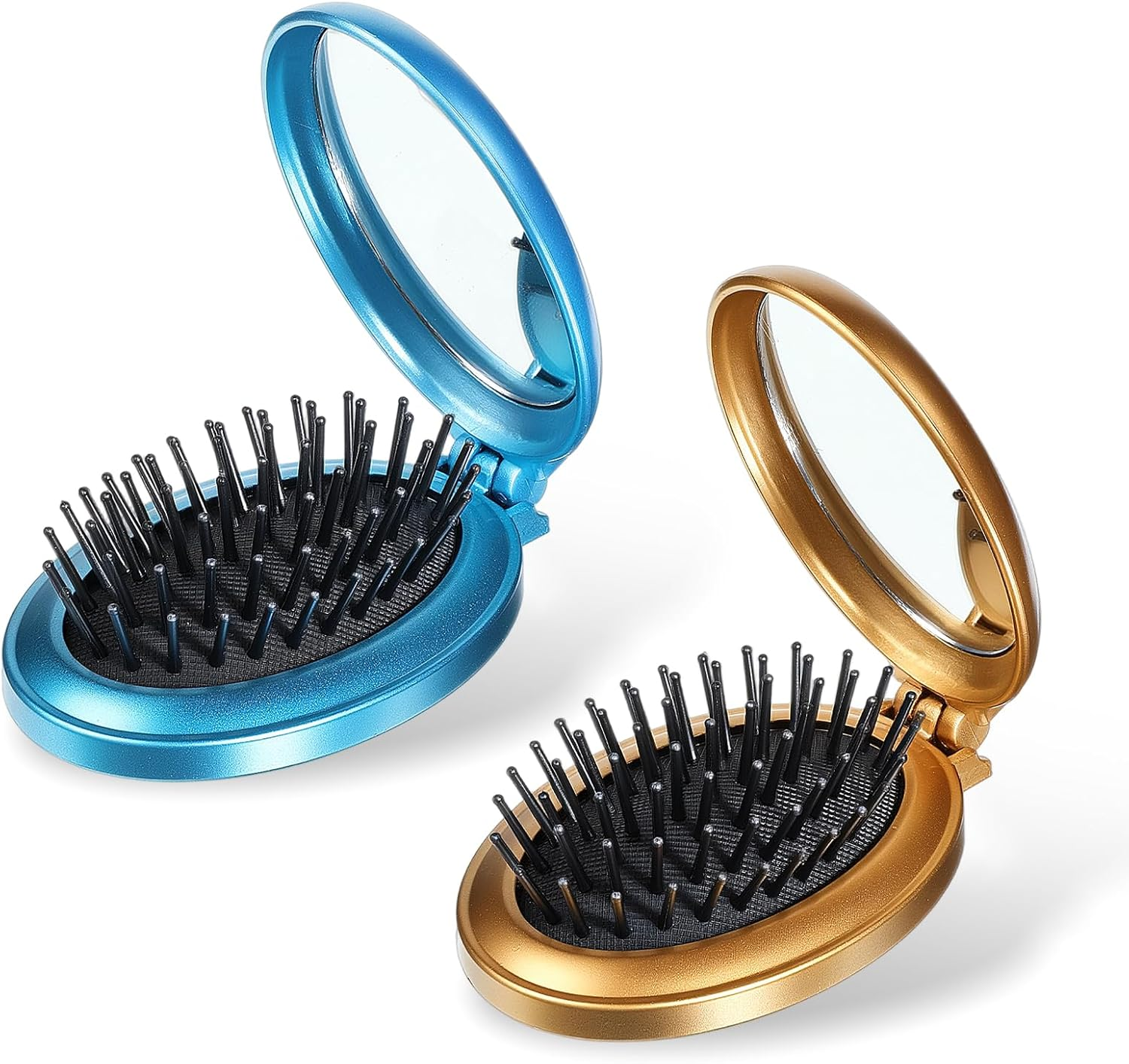 Foldable Hair Brush with Mirror, 2 Pcs Oval Mini Hair Brush Portable Travel Size Compact Hairbrush Small Anti-Static Pocket Comb Hair-Styling Tools for Women Home Travel Gym Purse (Gold, Blue) image number 1