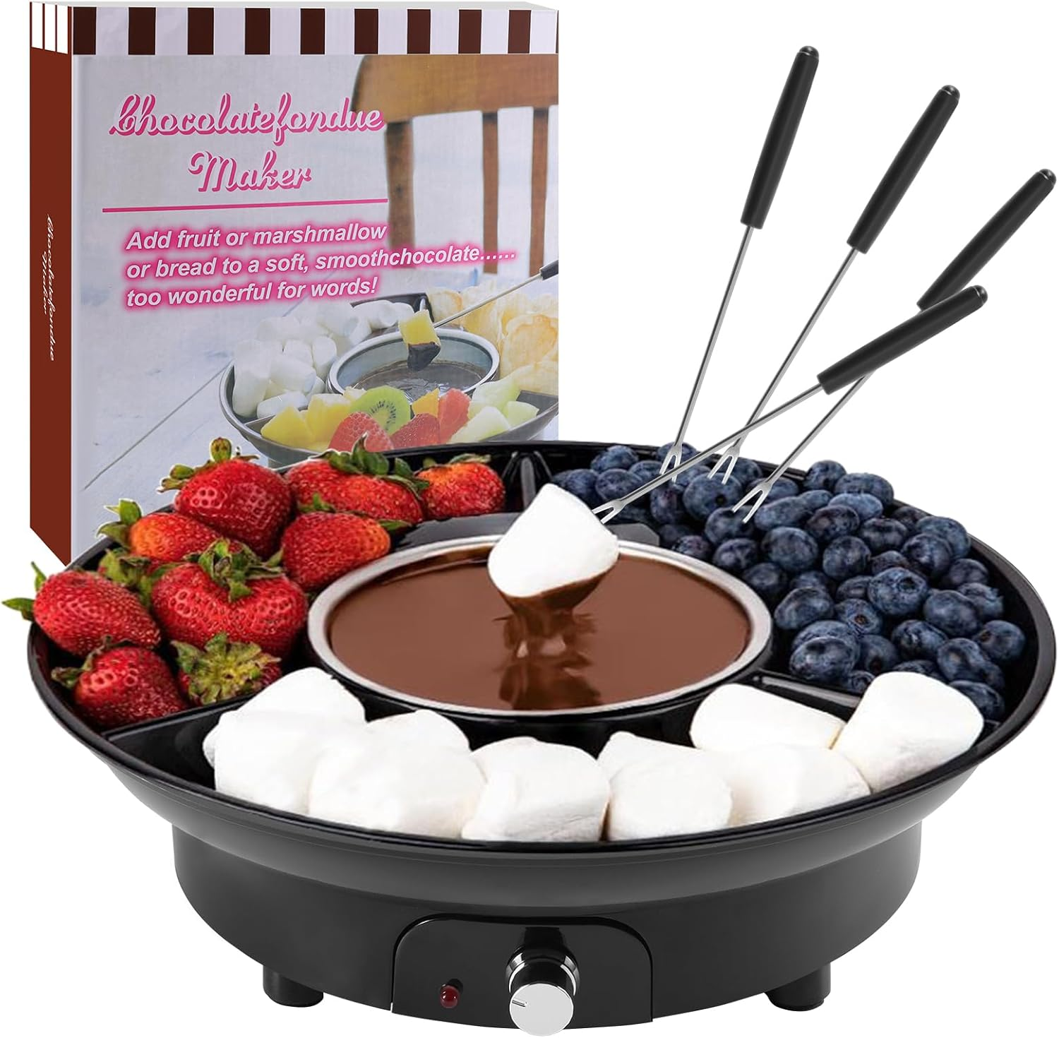 Electric Fondue Pot Set,Chocolate Fondue Kit Temperature Control, Detachable Serving Trays and 4 Roasting Forks,Gift Set and Date Night Idea. image number 1