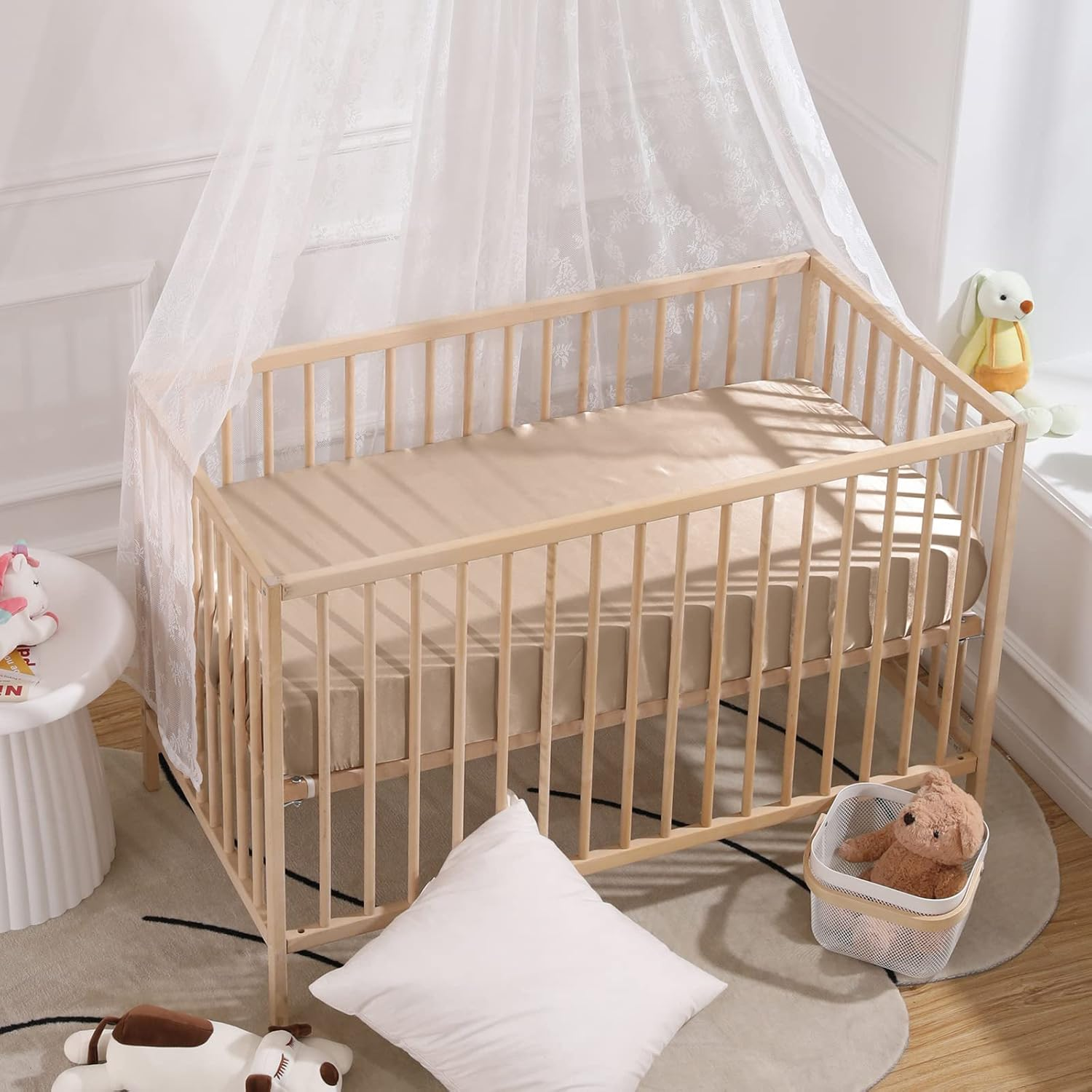 Siinvdabzx Satin Crib Sheets for Baby Hair, Silky Soft Beige Crib Fitted Sheets for Standard Crib and Toddler Mattress, 28 X 52 X 8In (Pack of 1) image number 6