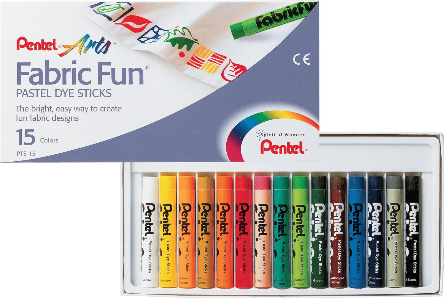 Pentel Arts Fabric Fun Pastel Dye Sticks, One Pack of 15 Assorted Colours (PTS-15) image number 1