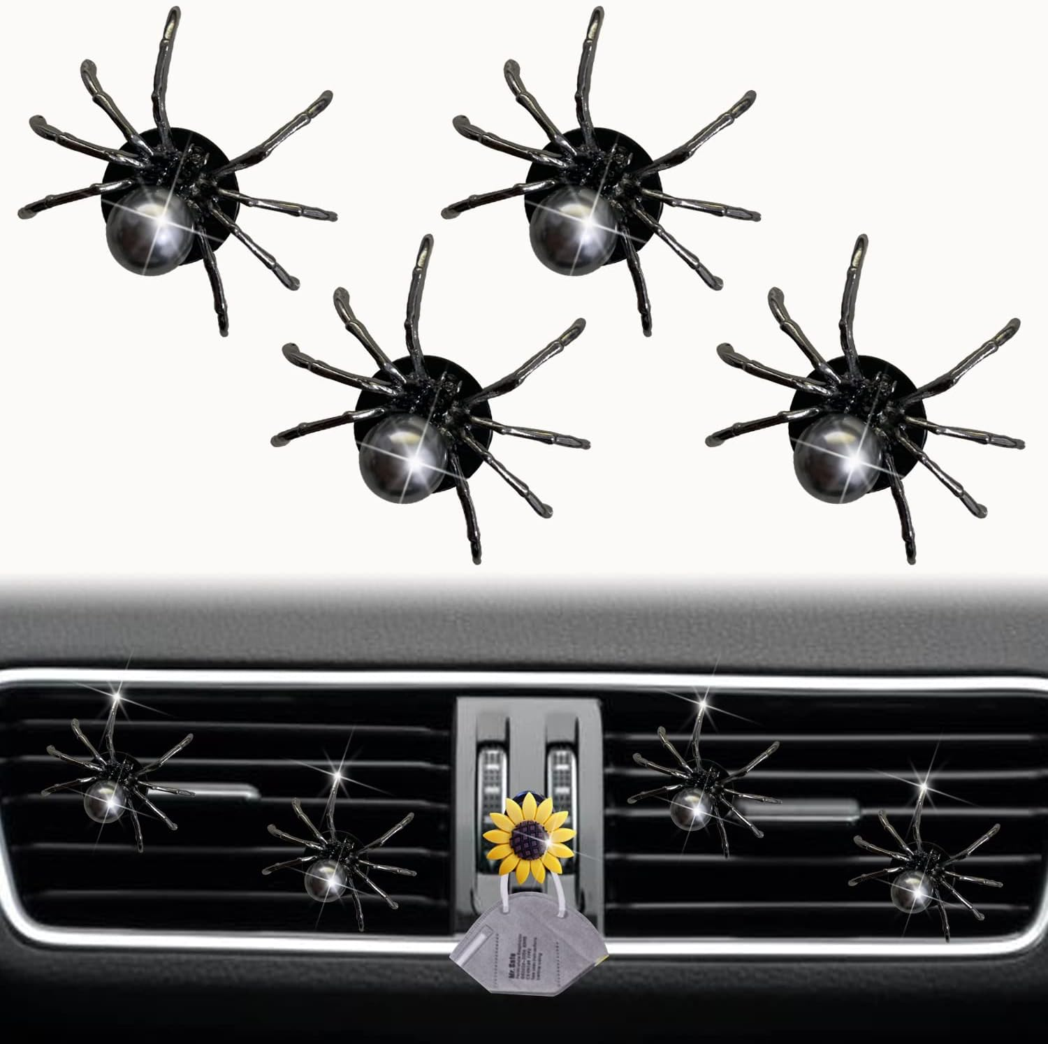 4 Pcs Bling Spider Car Air Fresheners Vent Clips, Cute Lovely Spider Car Air Vent Clips Funny Diamond Diffuser Vent Clip Decoration Interior Decor Bling Accessories for Women Men（Black） image number 4