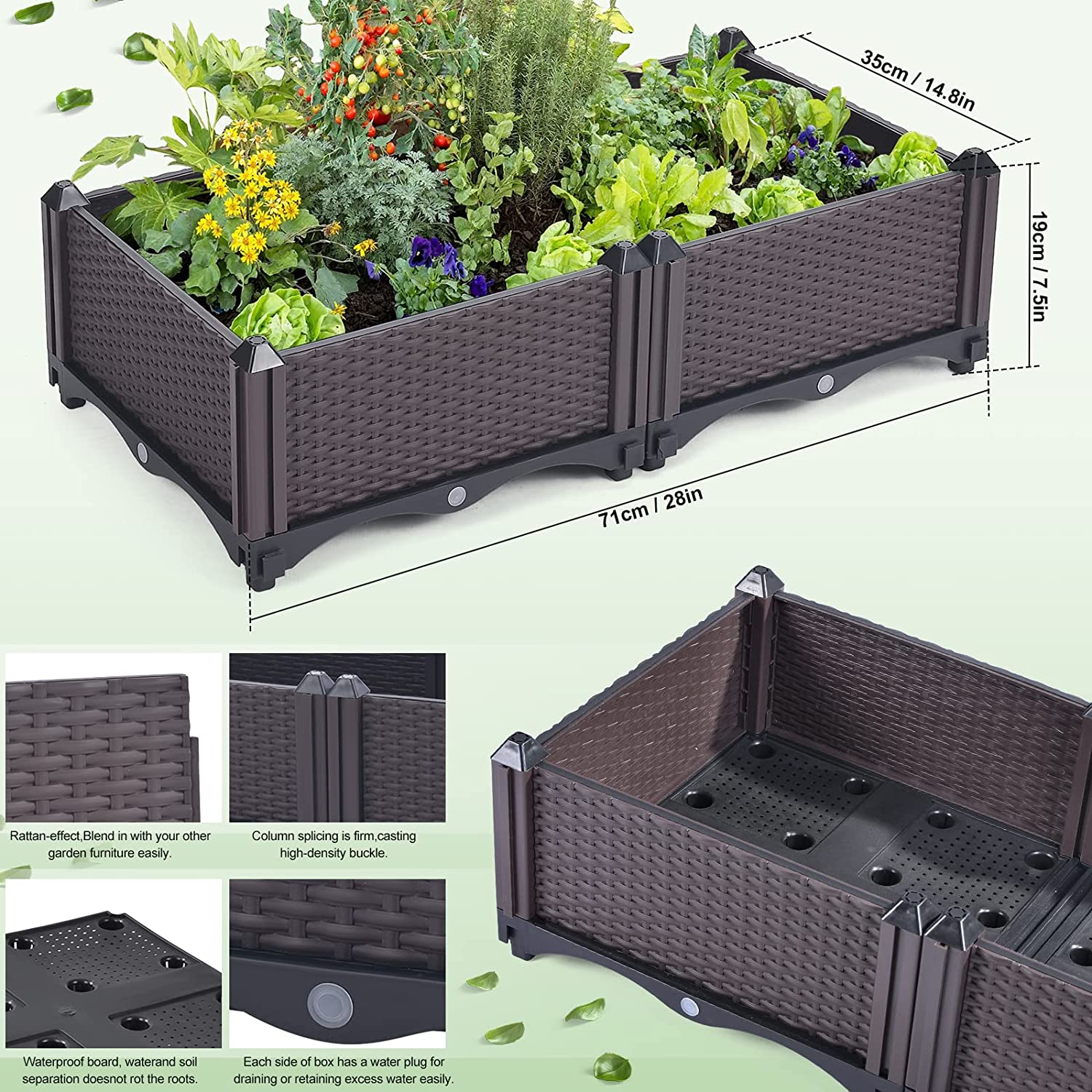 Raised Garden Bed Planter Box with Drainage Perfect for Vegetable Herbs Flower Self Aerating Reservoir Indoor Outdoor Weather Resistant Interlock Design image number 5