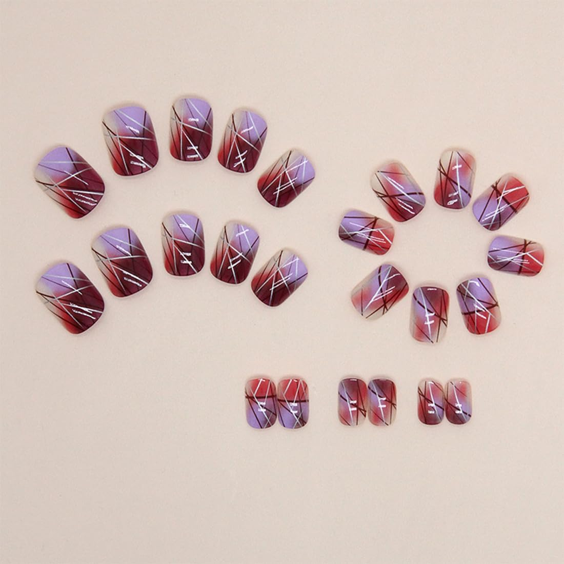 24 Pcs Square Fake Nails Purple Fake Nails Silver Line Design Fake Nails Short False Nails Glossy Fake Nails Full Cover Fake Nails for Women and Girls image number 1