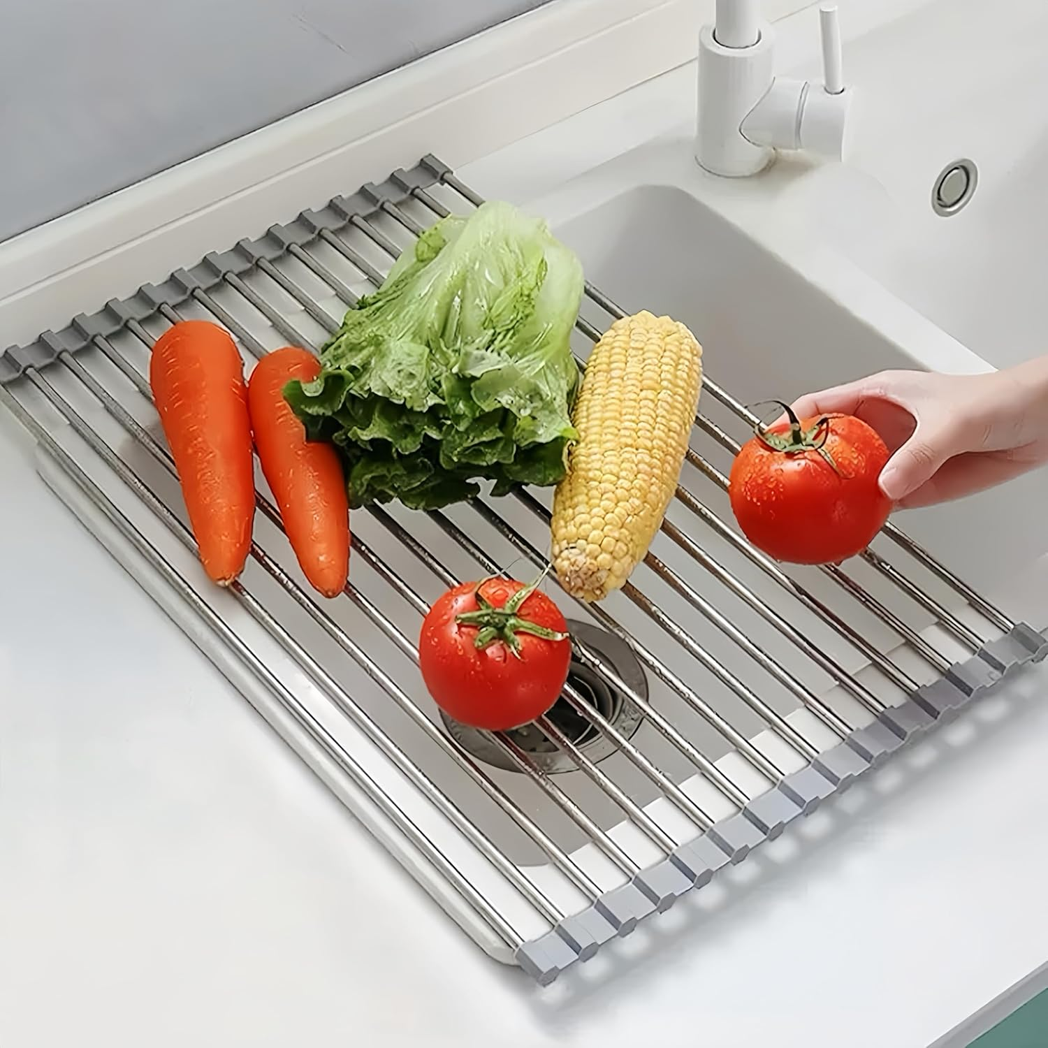 Extra Large Expandable Roll up Dish Drying Rack, Drying Rack Kitchen, over the Sink Dish Drainer Drying Rack, Kitchen Sink Accessories Stainless Steel, Grey (17.7 * 11.8")