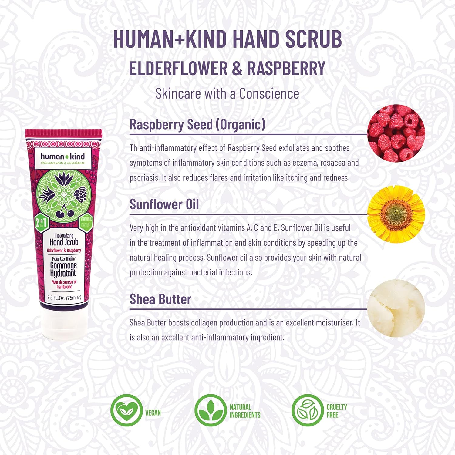 Human+Kind Moisturizing Hand Scrub - Exfoliating Scrubber for Soft, Smooth Hands - Gentle Repair for Dry, Cracked, Peeling Skin - Shea Butter, Dried Raspberry Seeds, and Hydrated Silica - 75 Ml image number 2