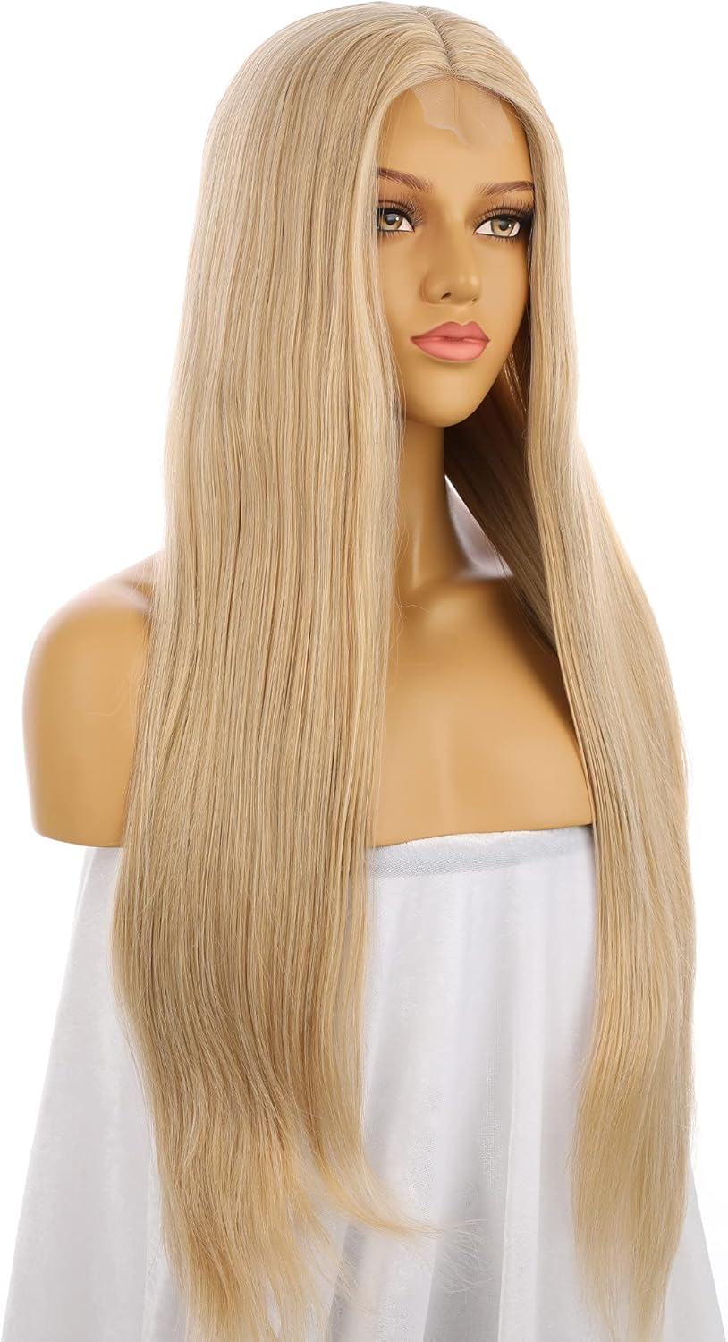 Mixed Blonde Synthetic Hair 13-4-3 Lace Women Wig,26 Inch Long Silky Straight Human Hair Density,100% Hand Made Glue-Less Wig - Black Synthetic Hair 26 Inch image number 3