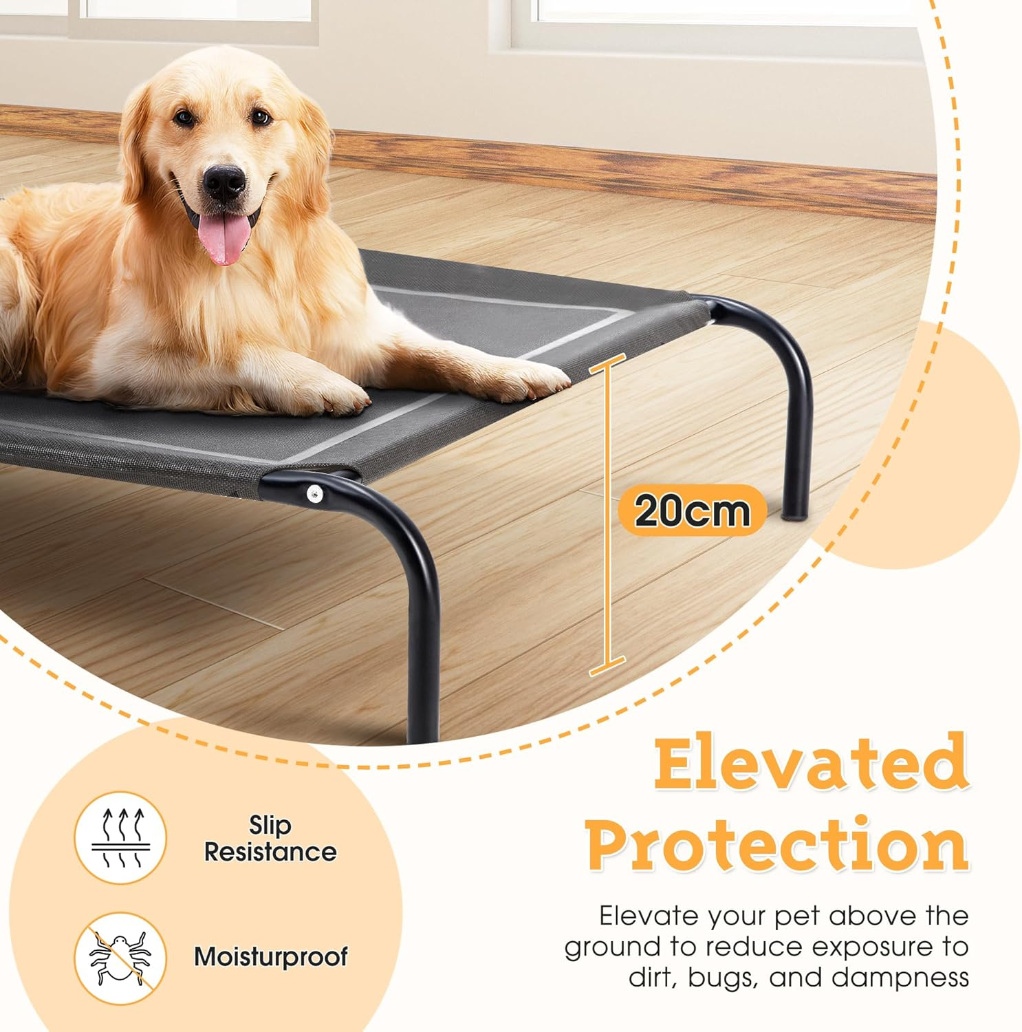 Petzly XXL Cooling Elevated Dog Bed for Large Dogs, Portable Indoor & Outdoor Pet Hammock with Washable Breathable Mesh, Upgraded Frame Dog Cot with Skid-Resistant Feet - Grey, 137X90X20Cm image number 2
