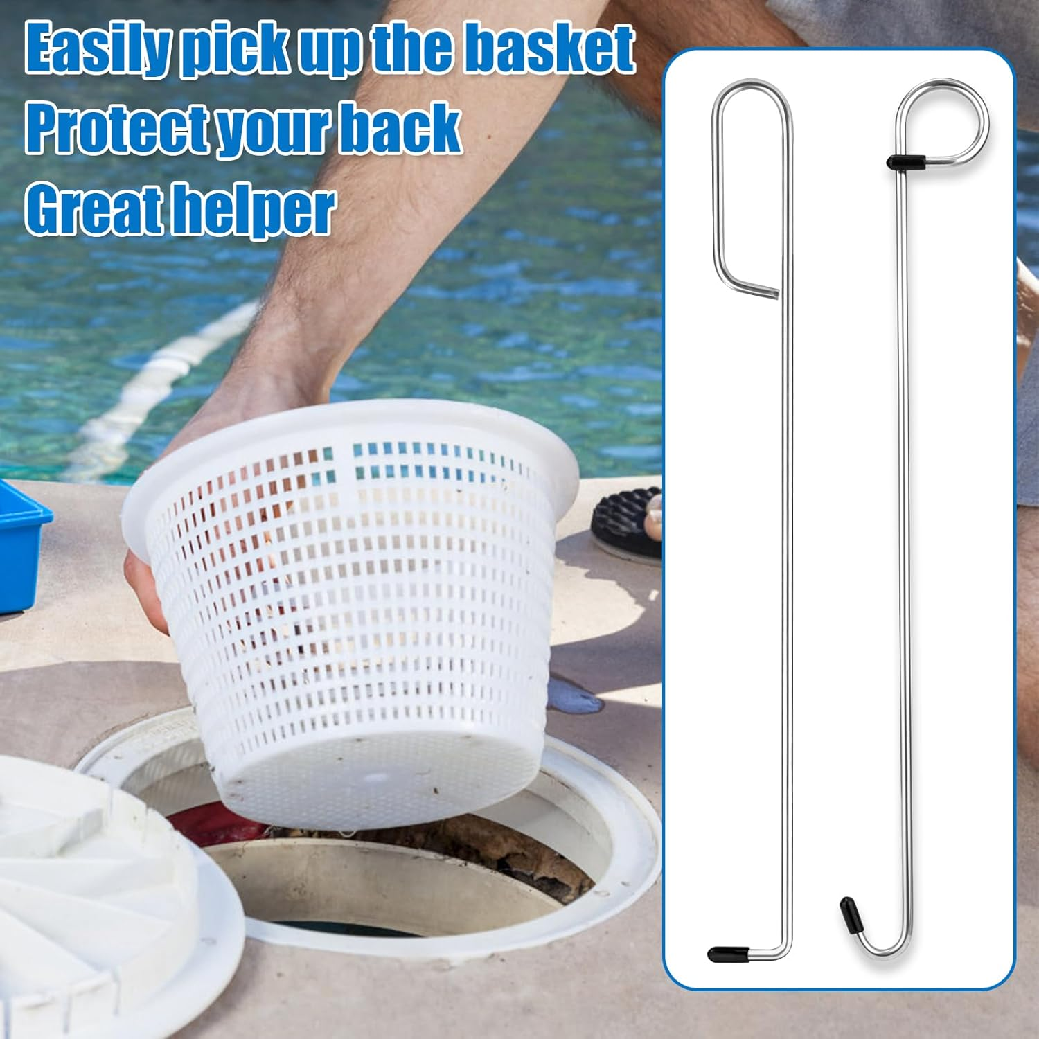 2Pcs Swimming Pool Skimmer Basket Hook, 14.57In Long Stainless Steel Skimmer Basket Handle Skimmer Lid Lifting Extension Hook Debris Remover Tool Knee & Back Saver image number 2