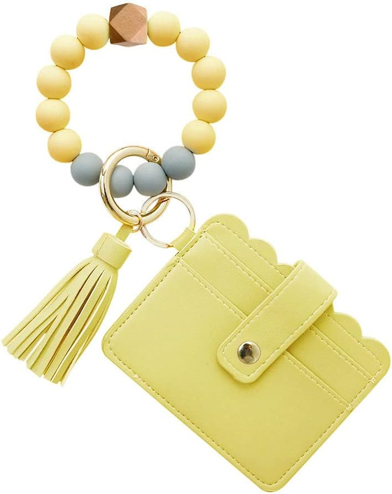 Silicone Beaded Bracelet Leather Keychain Wallet ID Card Holder Keyring Wristlet Bracelet Key Ring Chain Tassel Purse Women Girls Yellow
