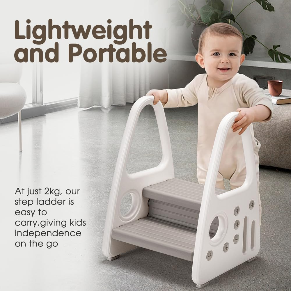 Playpals 2-Step Toddler Step Stool for Bathroom Sink, Kids Toilet Potty Training, Bed & Kitchen Counter Use, Non-Slip Double-Height Toddler Tower with Handle (White-Grey) image number 2