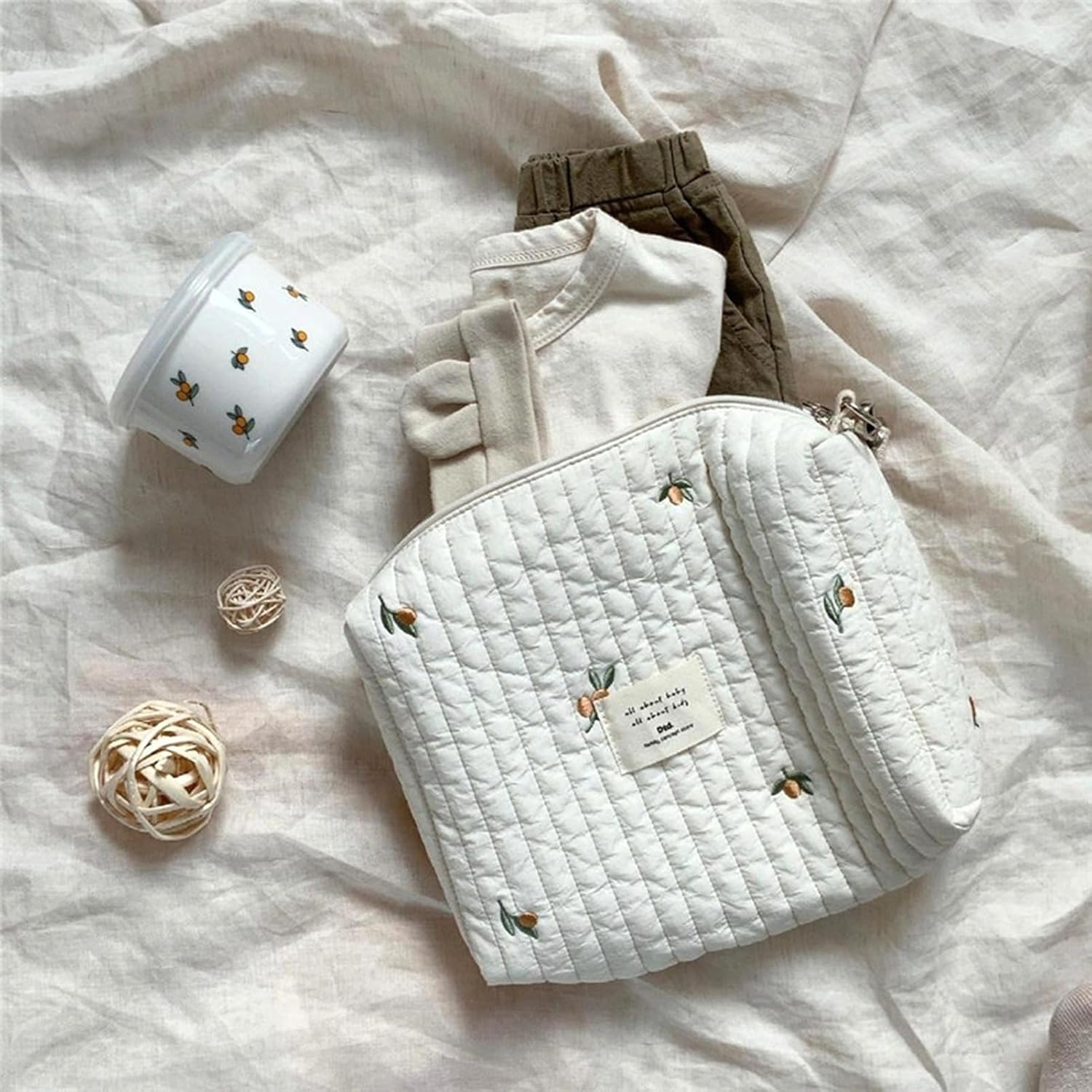 Stroller Bag | Baby Stroller Storage Diaper Changing Bag - Small Cotton Carry Purse Zipper Embroidered Mommy Pouches for Bottle Wipes Pacifier image number 1