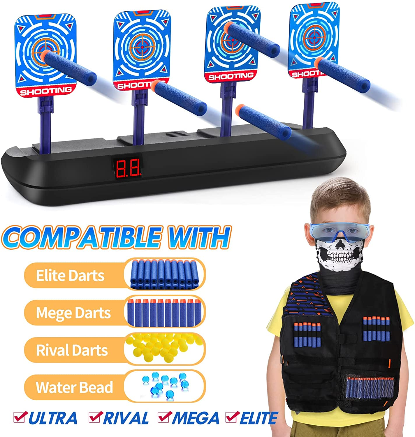 Lehoo Castle Electronic Shooting Target for Nerf Gun Foam, Digital Target 4 Dart, Tactical Vest Kit for Boys and Girls - Black image number 5