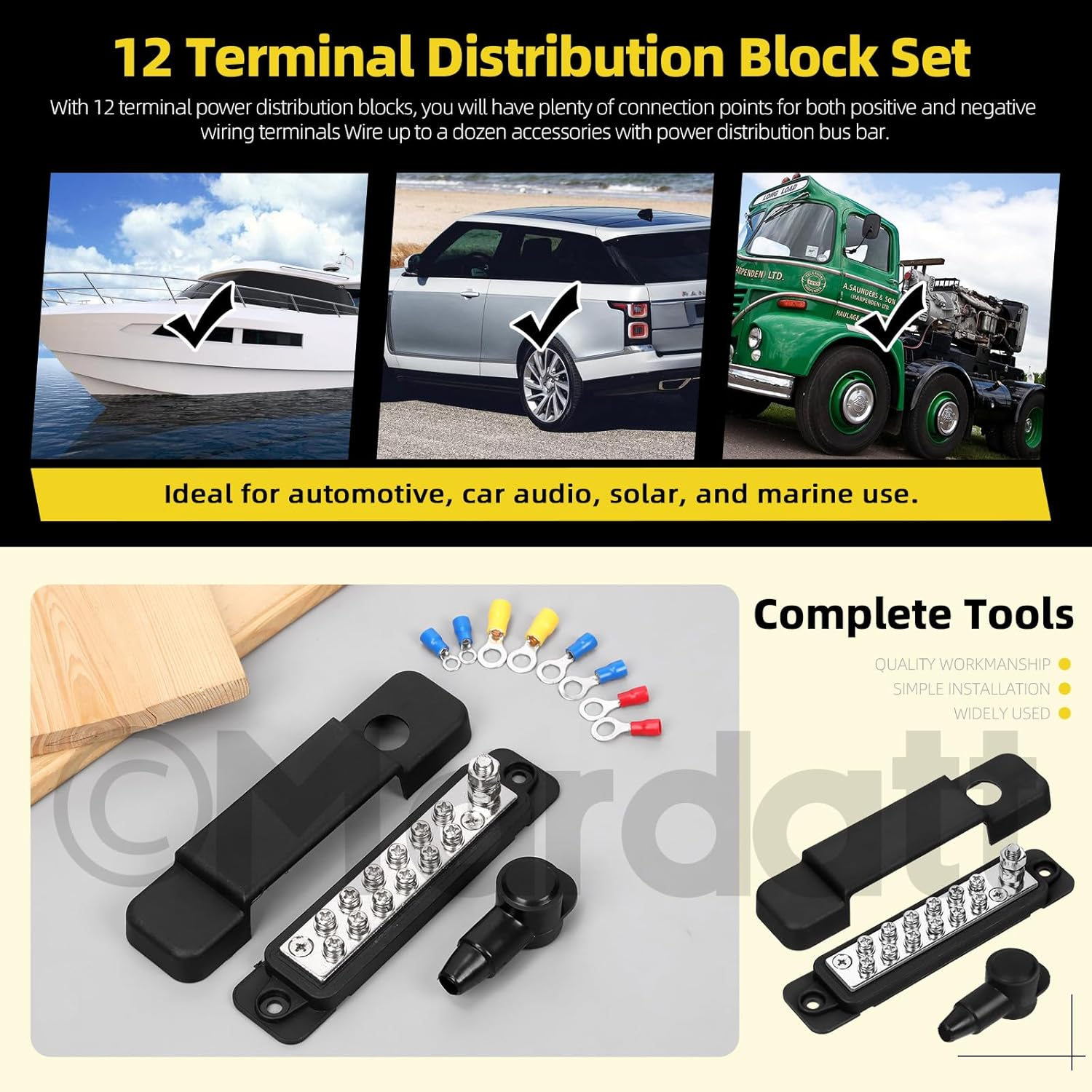 12V Terminal Distribution Block with Ring Terminals Power Distribution Terminal Block, Terminal Parts Battery Busbar for Boat Automotive Car(Black) image number 5