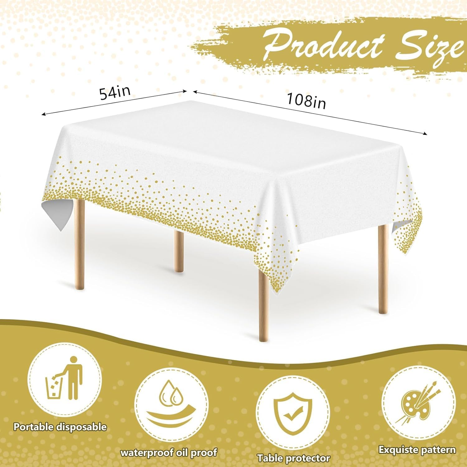 4 Pack Disposable Plastic Tablecloths, 54" X 108" Plastic Rectangle Whitegold Dot Tablecloths for Indoor or Outdoor Tables Parties Christmas Picnic Birthdays and Weddings image number 3
