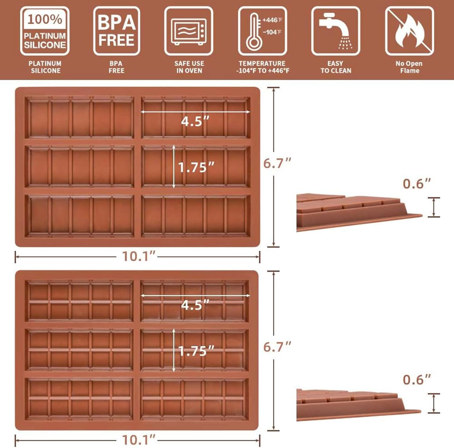 Silicone Chocolate Bar Molds Break Apart Chocolate Engery Bar Non-Stick Candy Mold for Baking Chocolate Snacks, 2 Pack image number 3