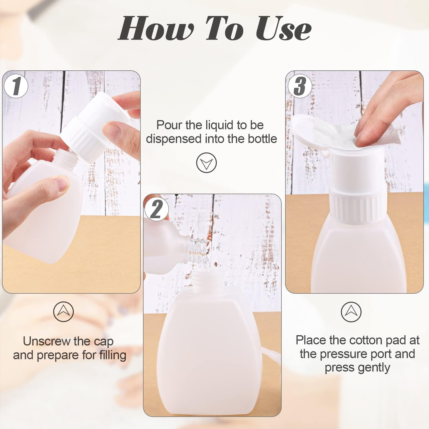 2Pcs Plastic Push down Pump Bottle Refillable Nail Polish Remover Bottle Press Pumping Dispenser with Flip Cap for Nail Polish&Makeup Remover Liquid Alcohol - White image number 4