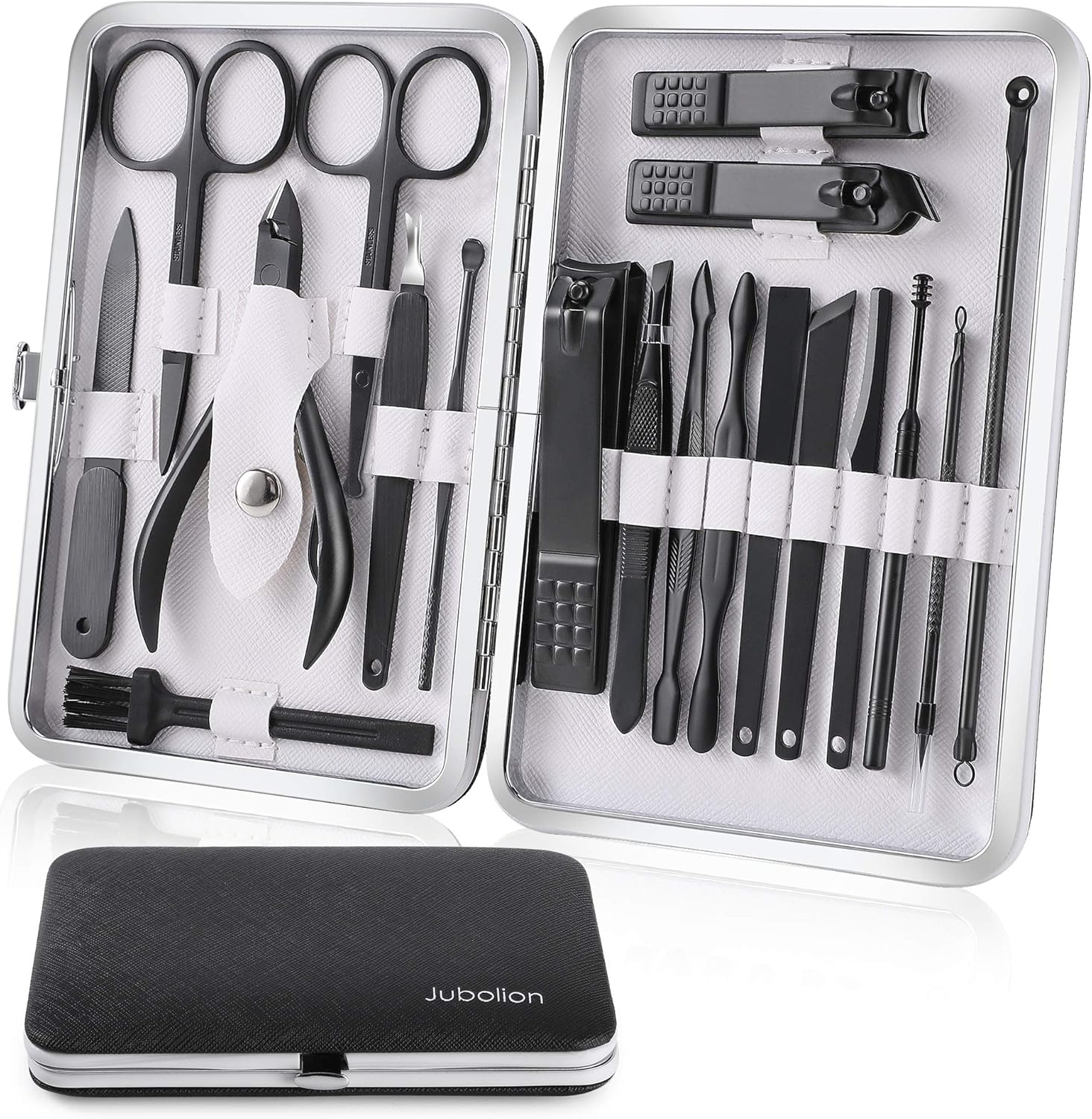 Jubolion Manicure Set, 19Pcs Stainless Steel Professional Nail Clippers Pedicure Set with Black Leather Storage Case, Portable Grooming Kit for Travel or Home, Perfect Gifts for Women and Men (Black) image number 3