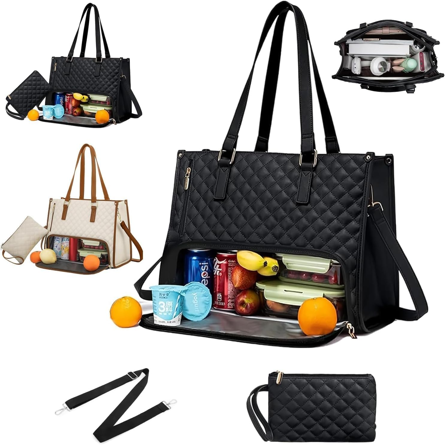 Laptop Tote Bag with Insulated Lunch Compartment for Women, PU Leather 15.6 Inch Work Bag, Elegant Computer Handbag, Versatile Business Tote for Office, Travel or Casual-Classic Black image number 1