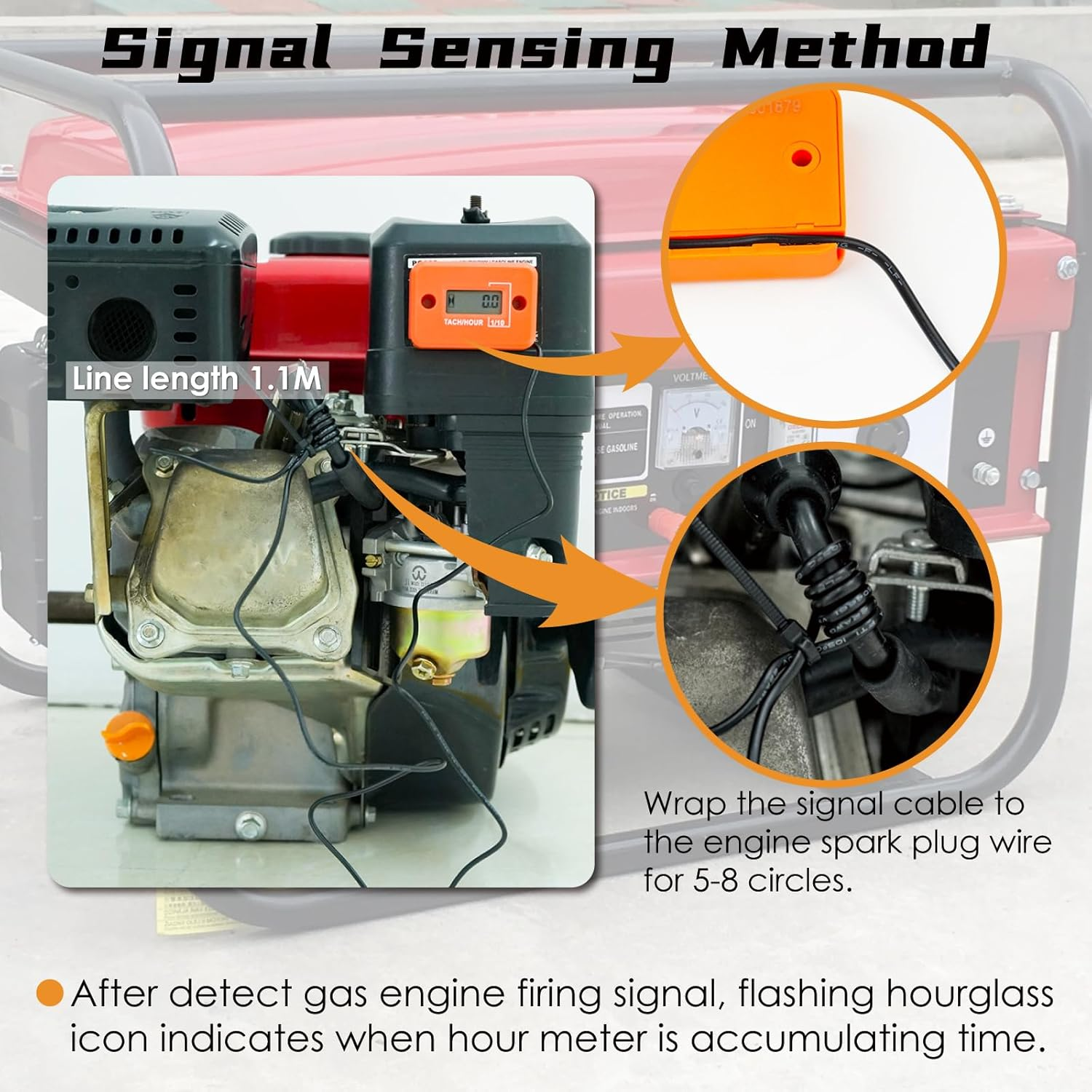 Nine-Rong Self-Powered Tach Hour Meter Digital LCD Inductive Tachometer Timing RPM Measuring Waterproof Design,For Gas Engine Lawn Mower Motorcycle Snowmobile Generator(2 Stroke)(Orange) image number 1